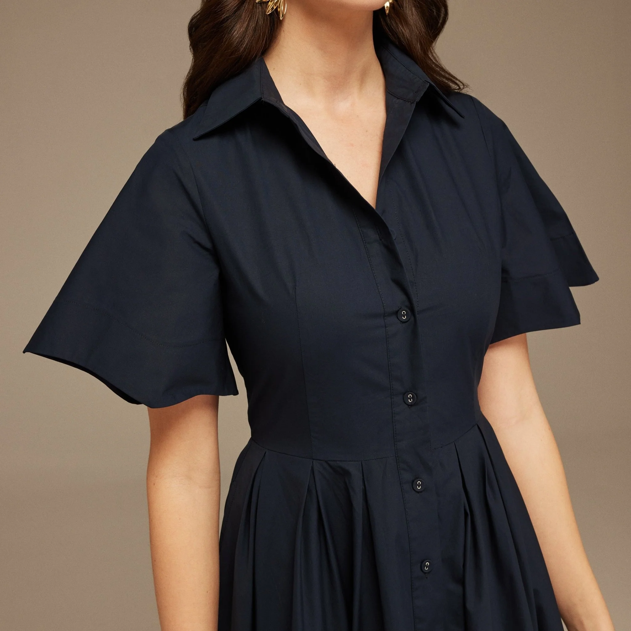 Navy Collard Cotton Long Aline Dress - Image 3