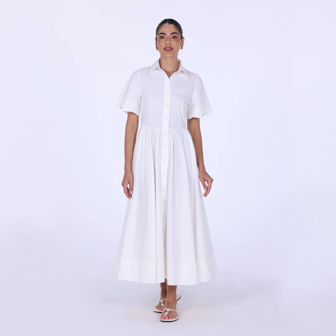 White Collard Cotton Long Aline Dress