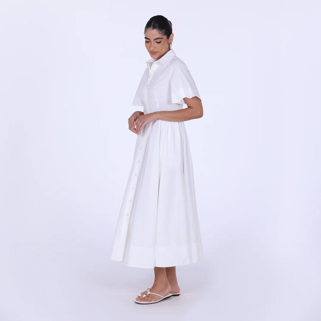 White Collard Cotton Long Aline Dress - Image 2