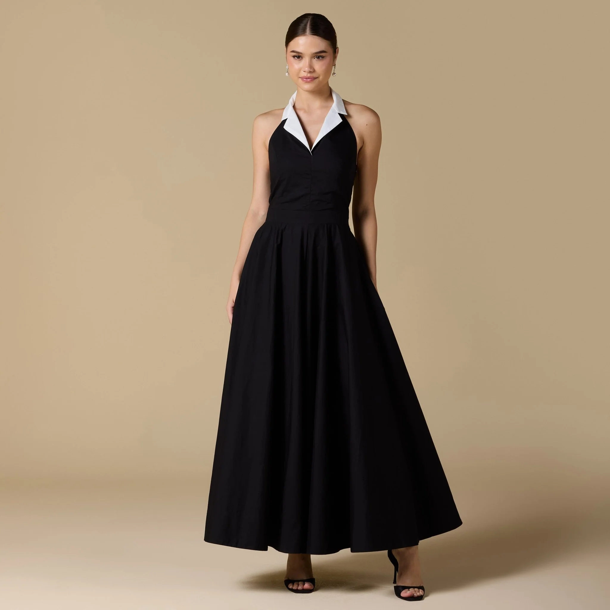 Black & White Collared Backless Poplin Maxi Dress