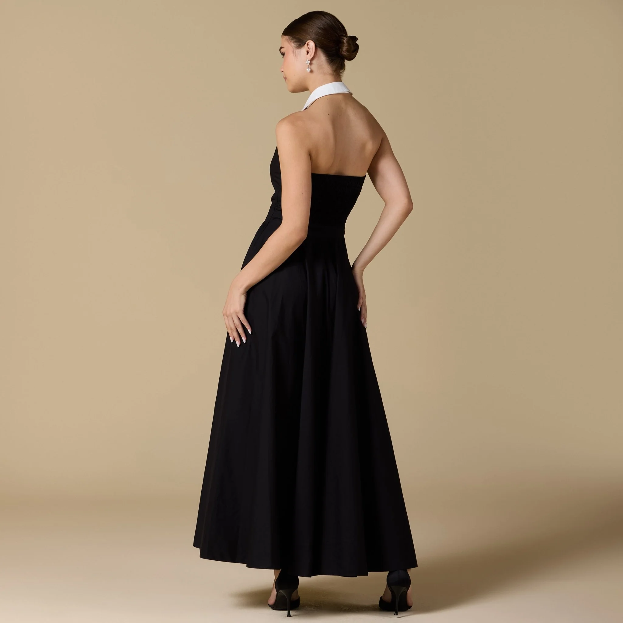 Black & White Collared Backless Poplin Maxi Dress - Image 4