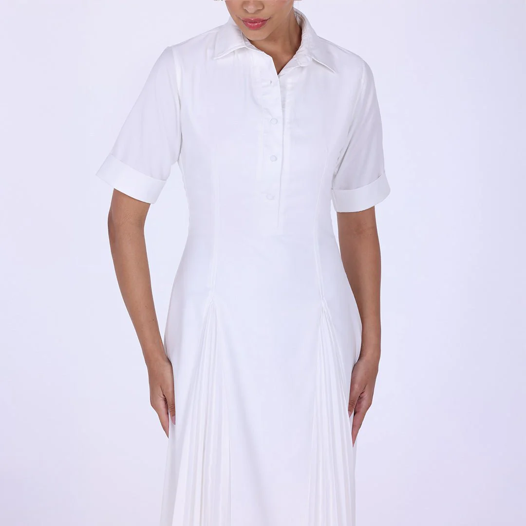 Collared Midi Shirt Dress With Pleats - Image 3
