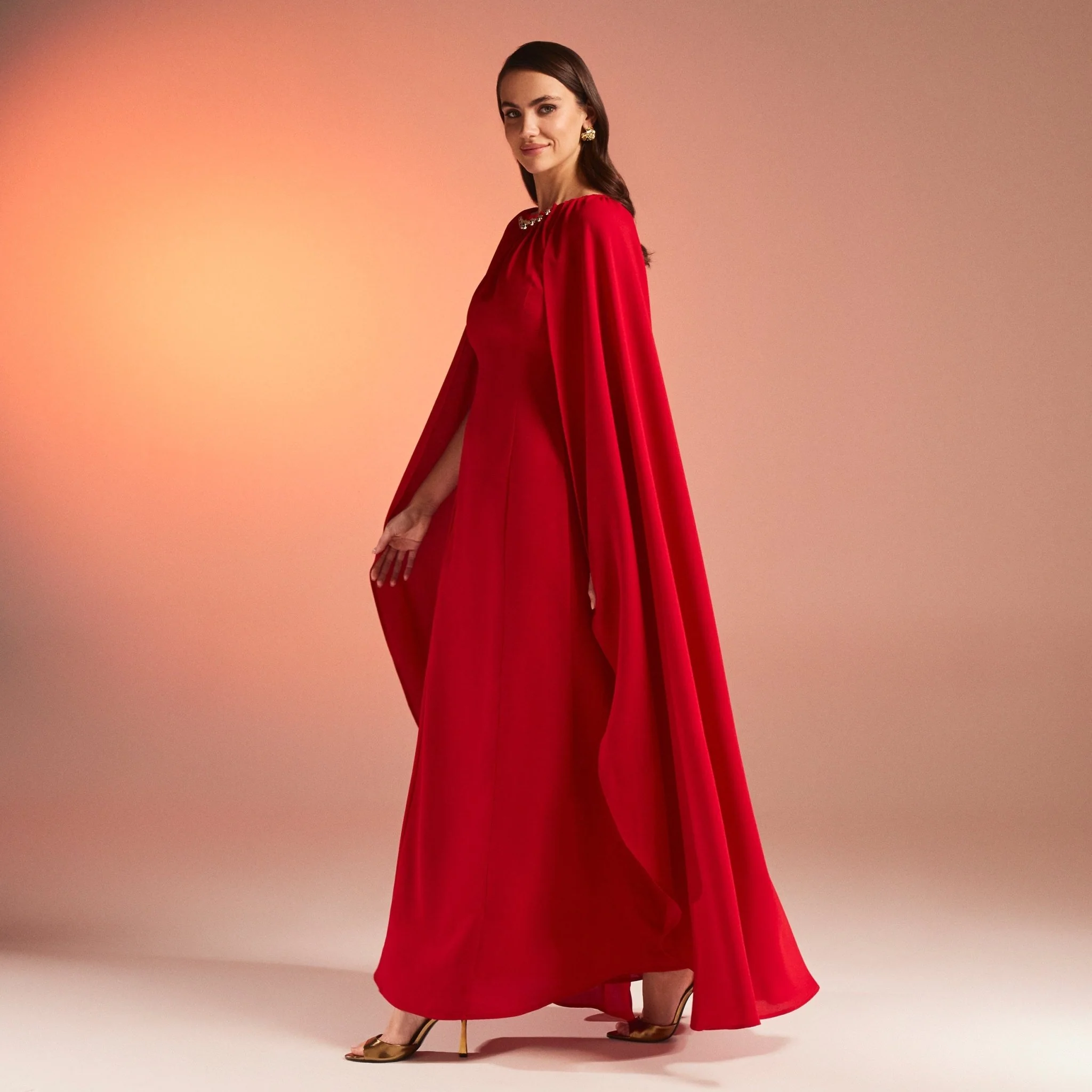 Red Bodycon Crepe Dress With Cape Effect - Image 3