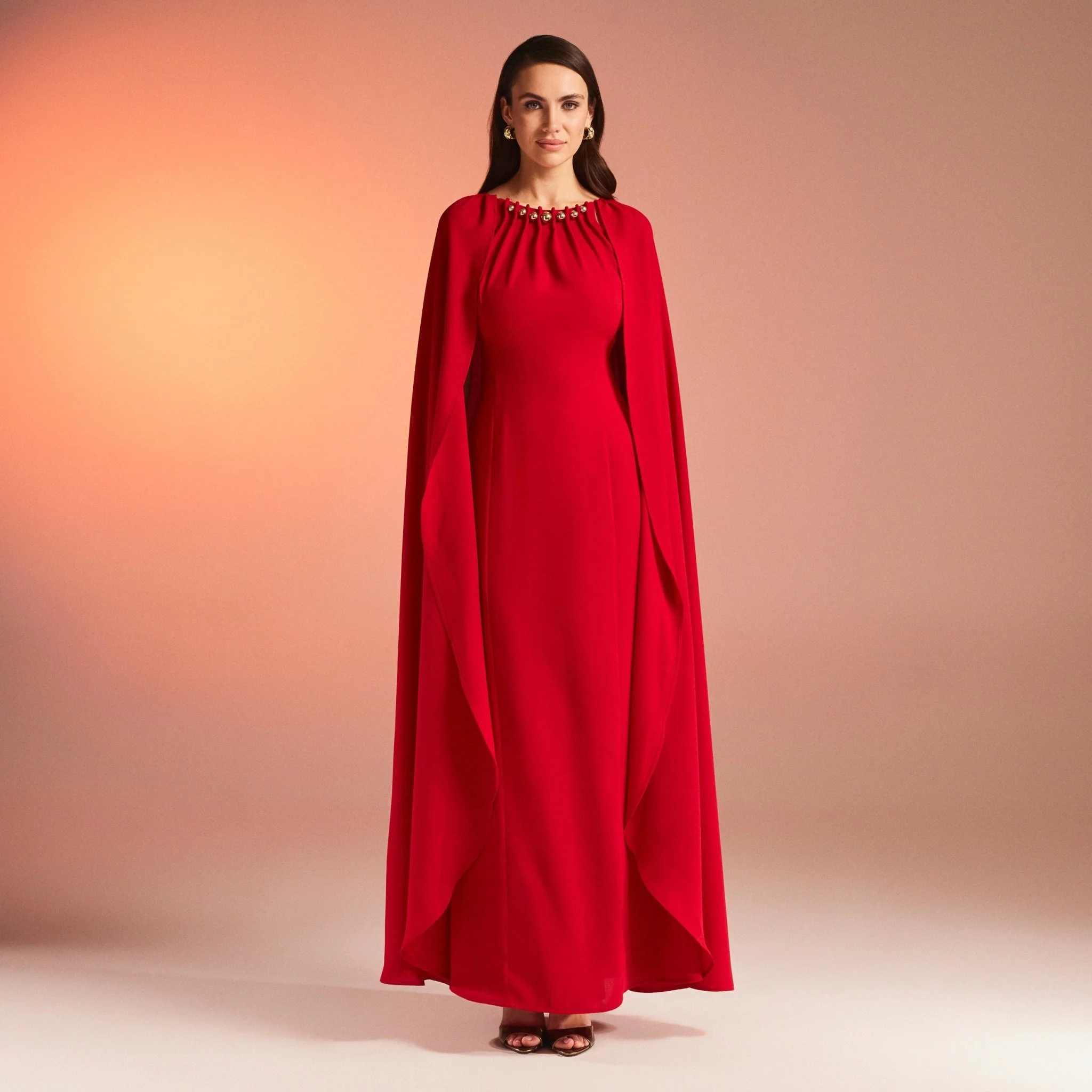 Red Bodycon Crepe Dress With Cape Effect - Image 4