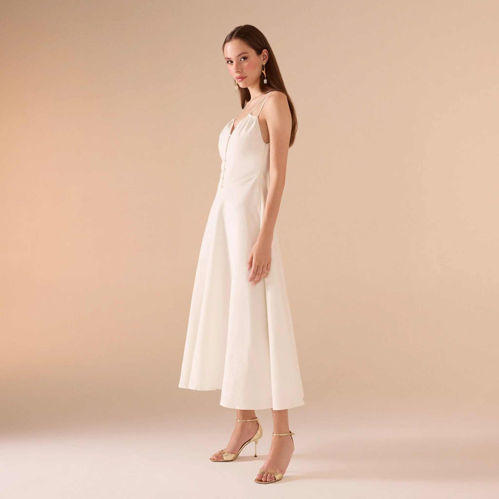 Sleeveless V-neck Fitted Waist Cotton Blended Midi Dress - Image 10