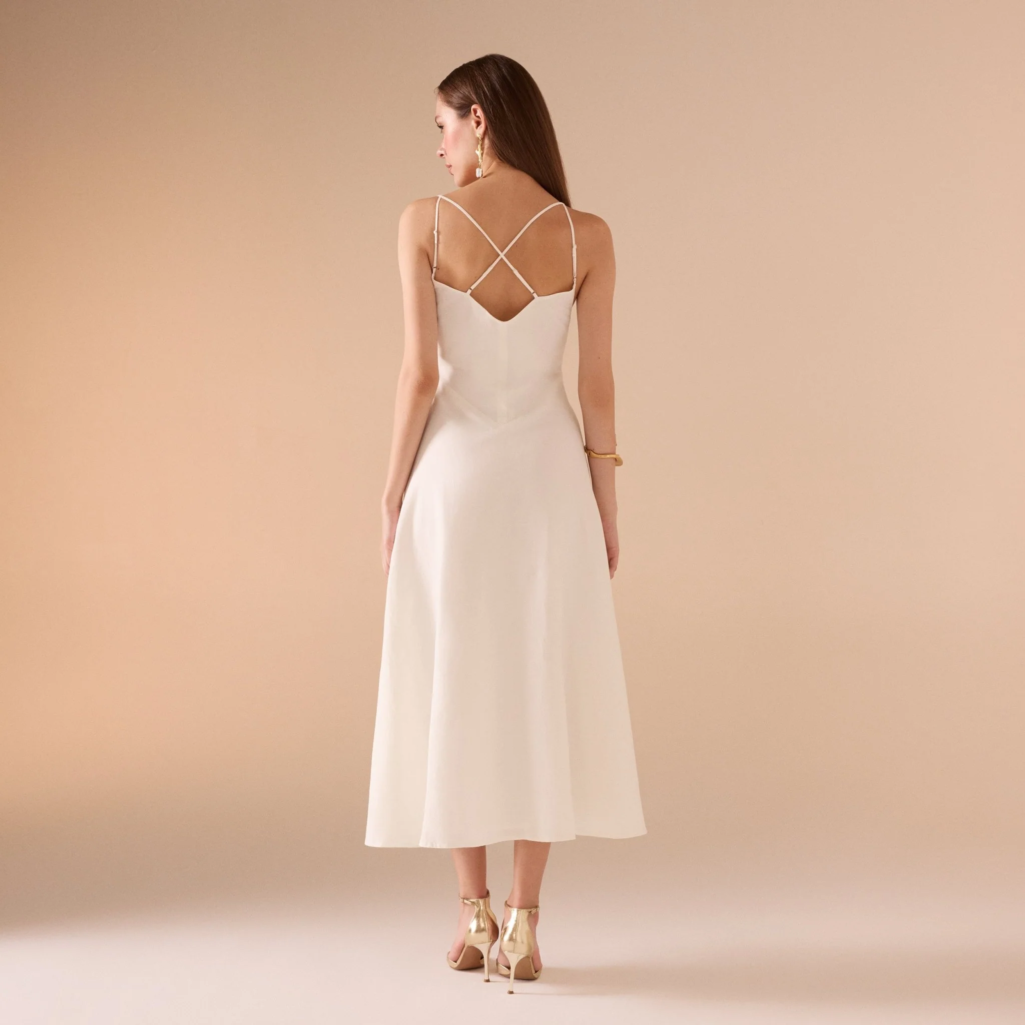 Sleeveless V-neck Fitted Waist Cotton Blended Midi Dress - Image 11