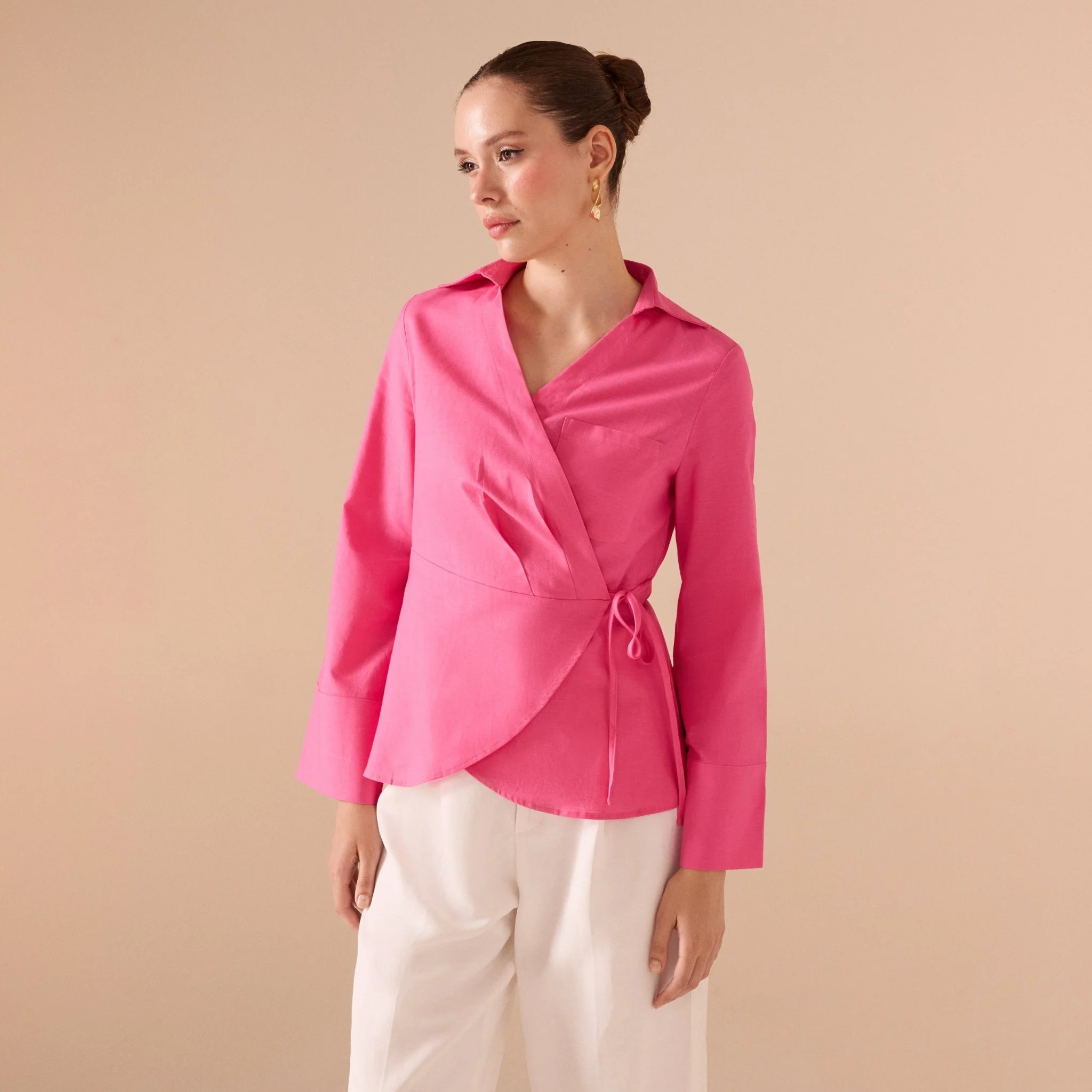 Pink Cotton Blended Shirt With Straps Details