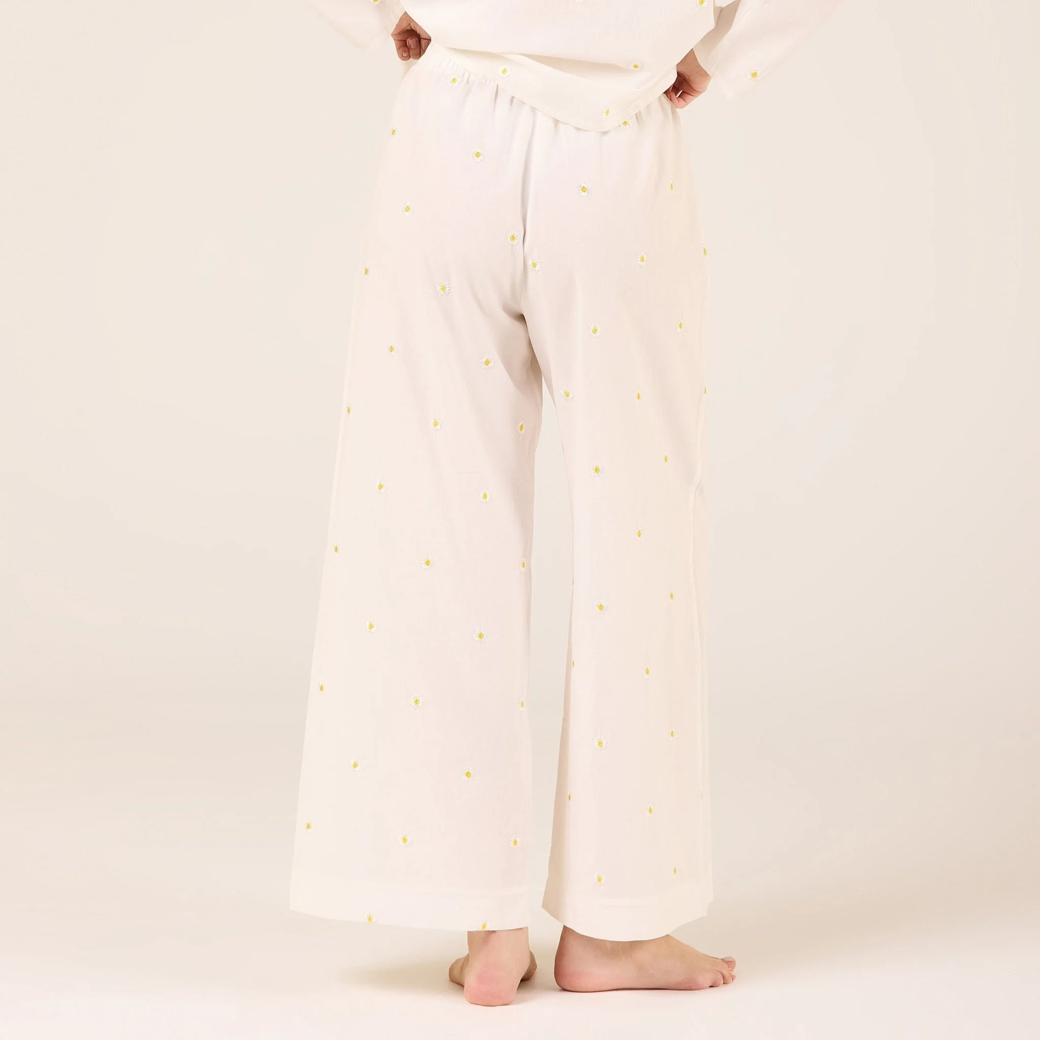 White Cotton Embroidered Daisy Print Pants - Image 3