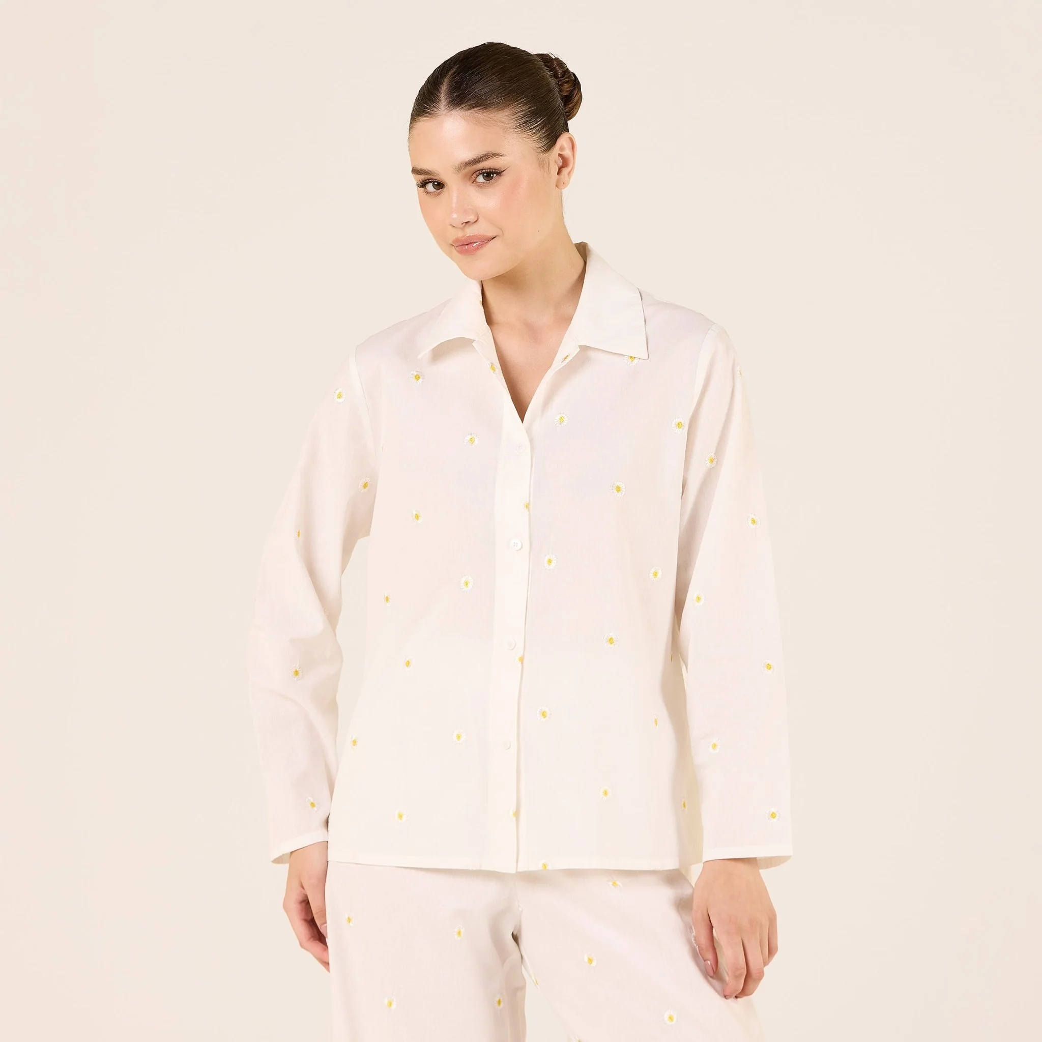White Cotton Embroidered Daisy Print Shirt