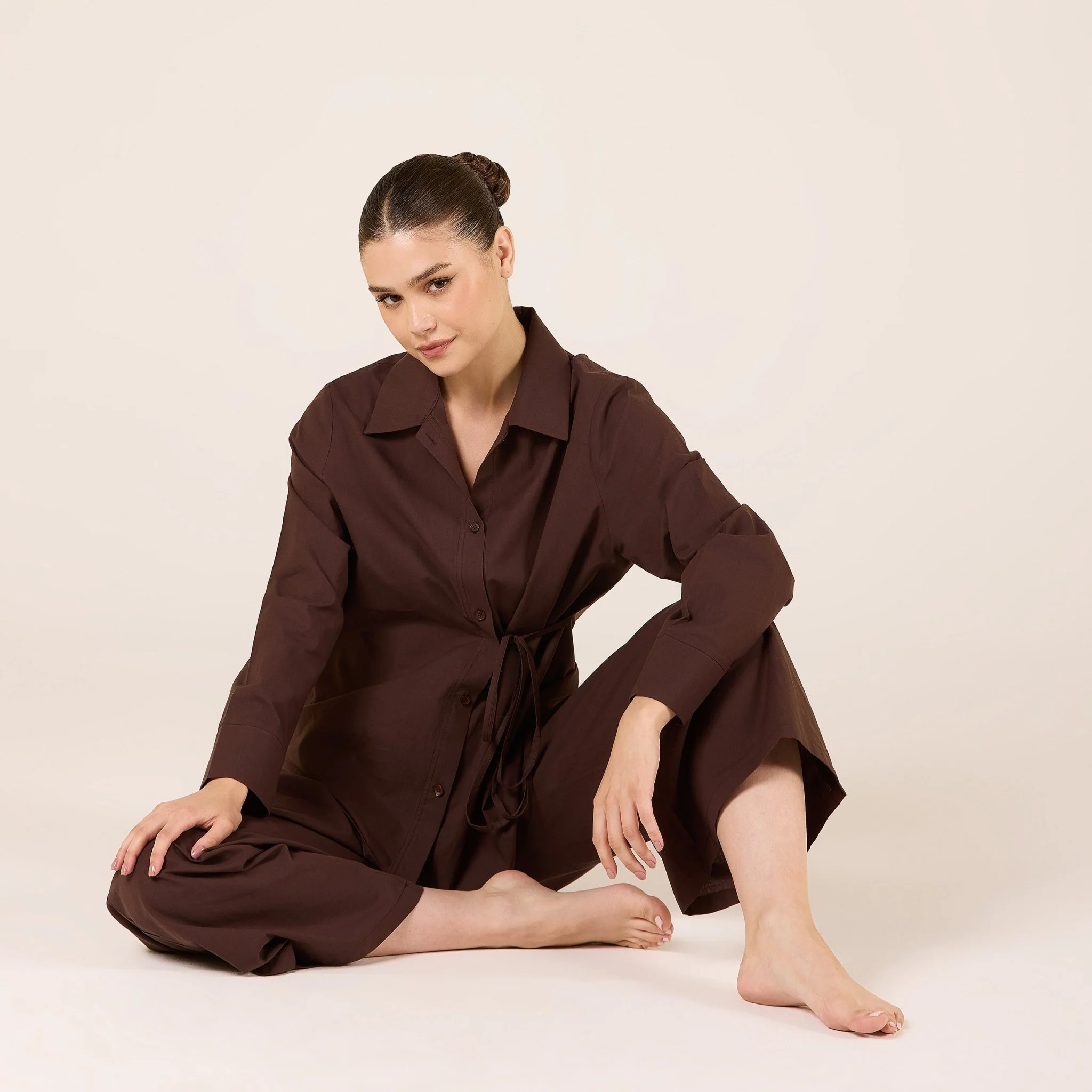 Brown Cotton Side Tie Shirt - Image 4