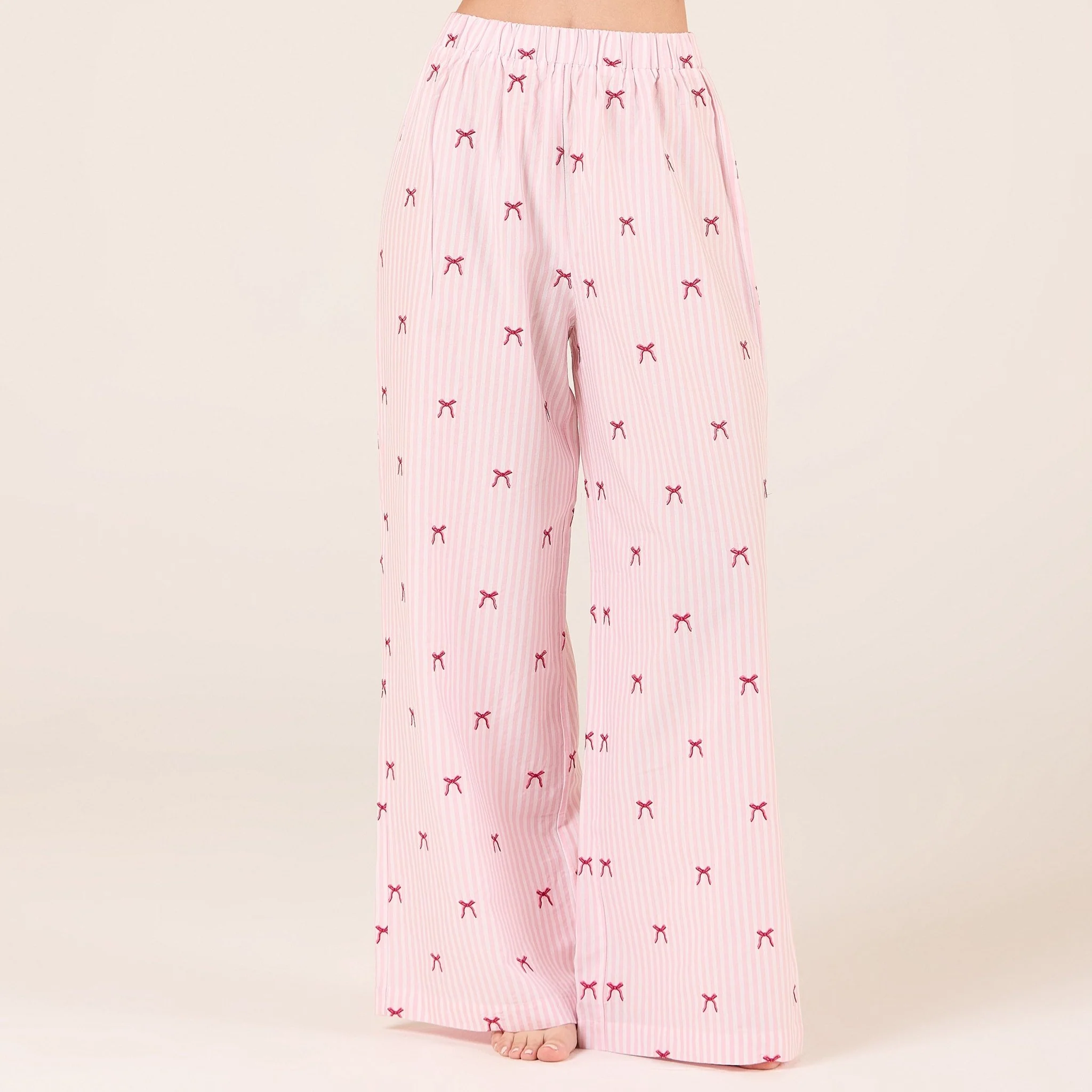 Pink Cotton Poplin Pants in Bow with Elastic Waist