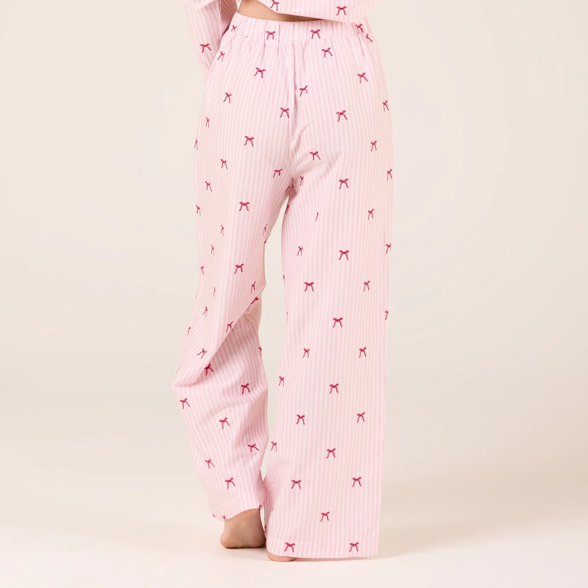 Pink Cotton Poplin Pants in Bow with Elastic Waist - Image 3