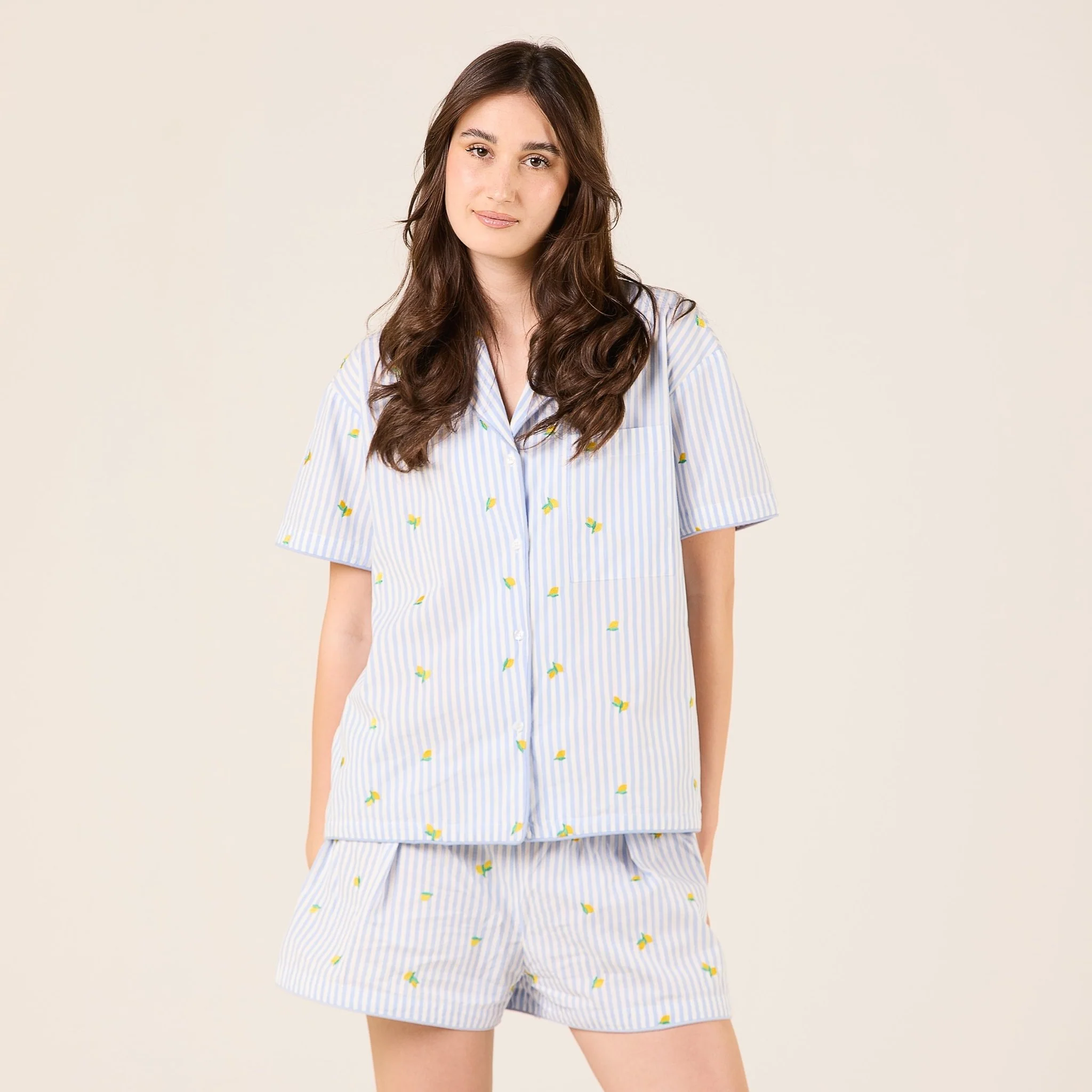 Blue Cotton Poplin Stripe Shirt in Lemon