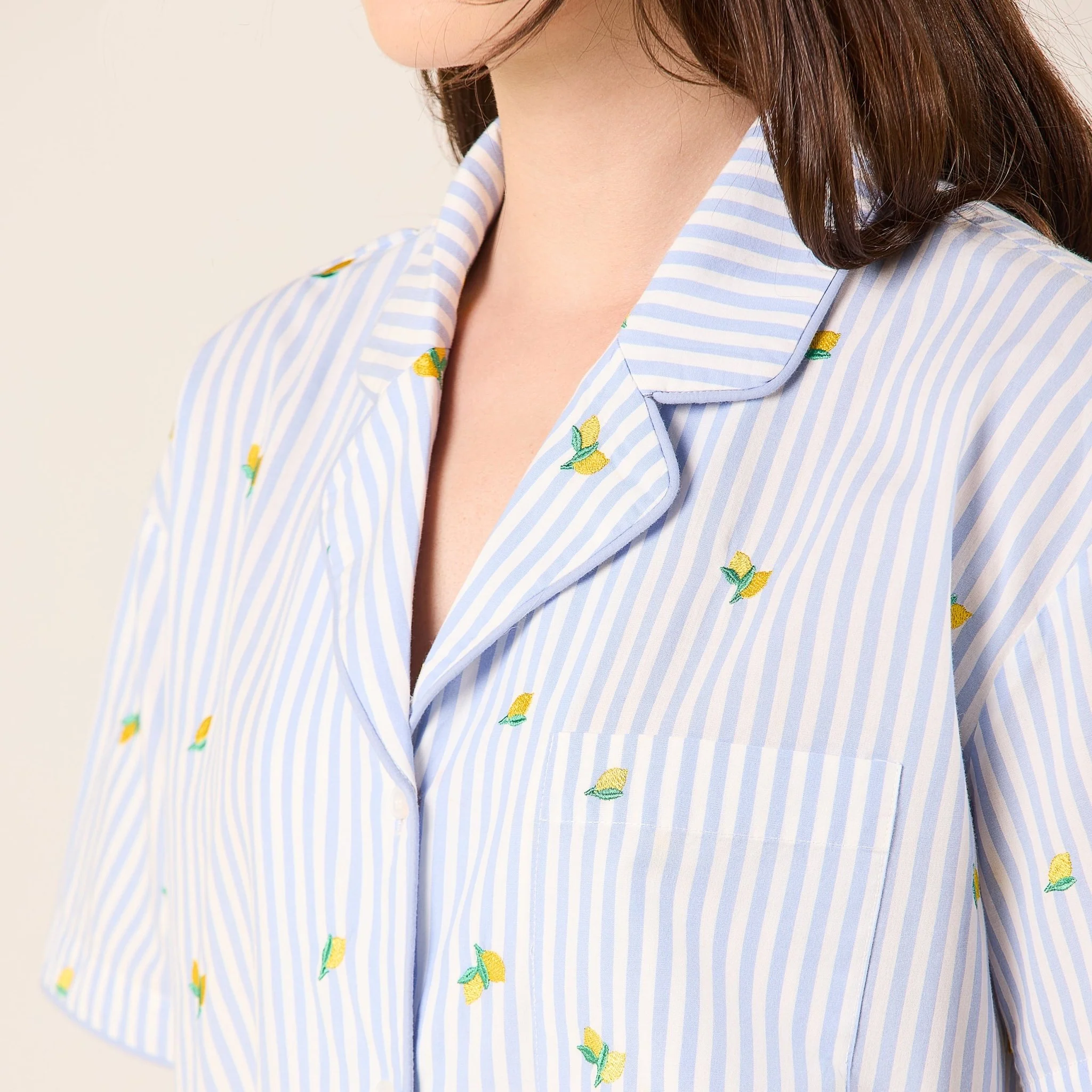 Blue Cotton Poplin Stripe Shirt in Lemon - Image 3