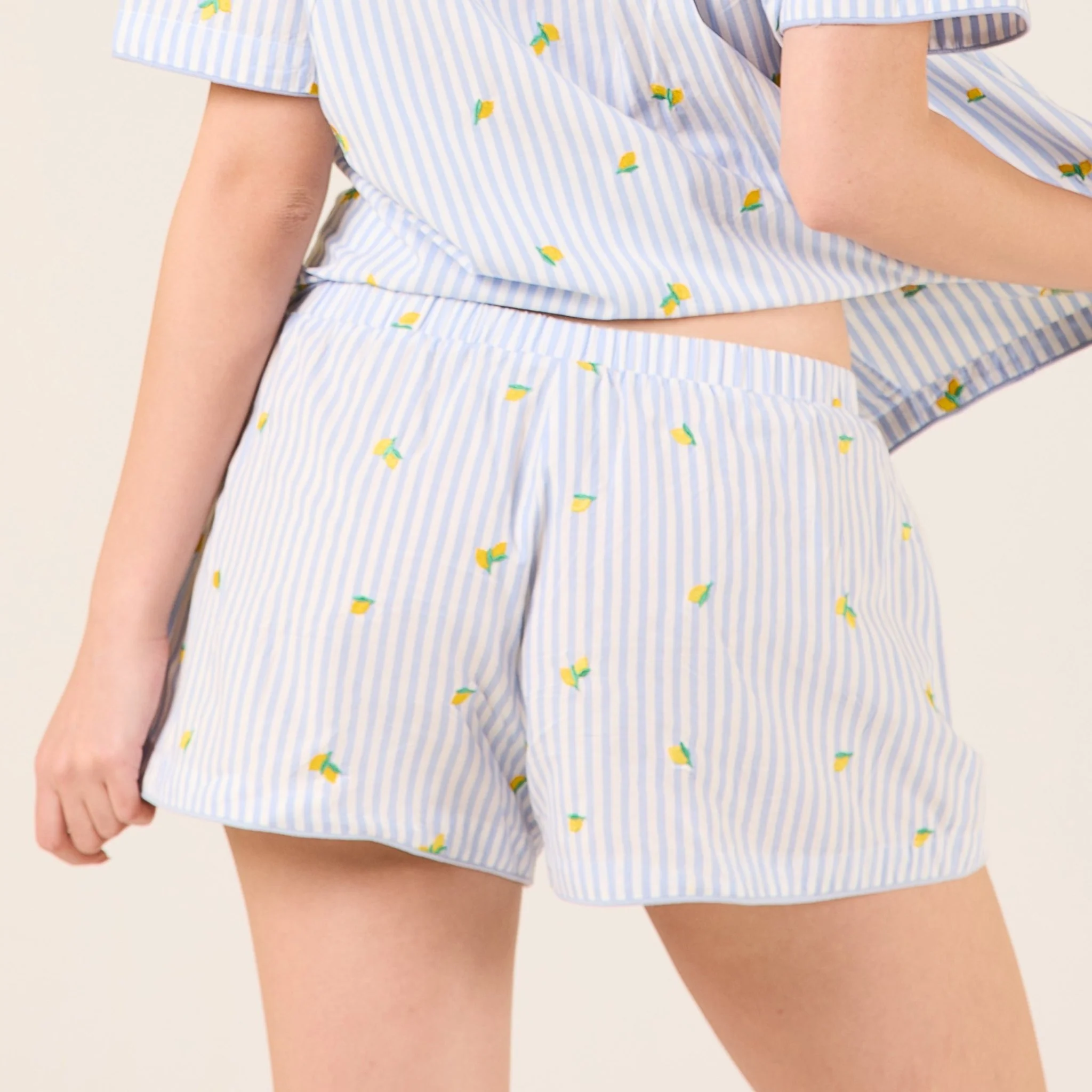 Blue Cotton Poplin Stripe Shorts in Lemon - Image 3