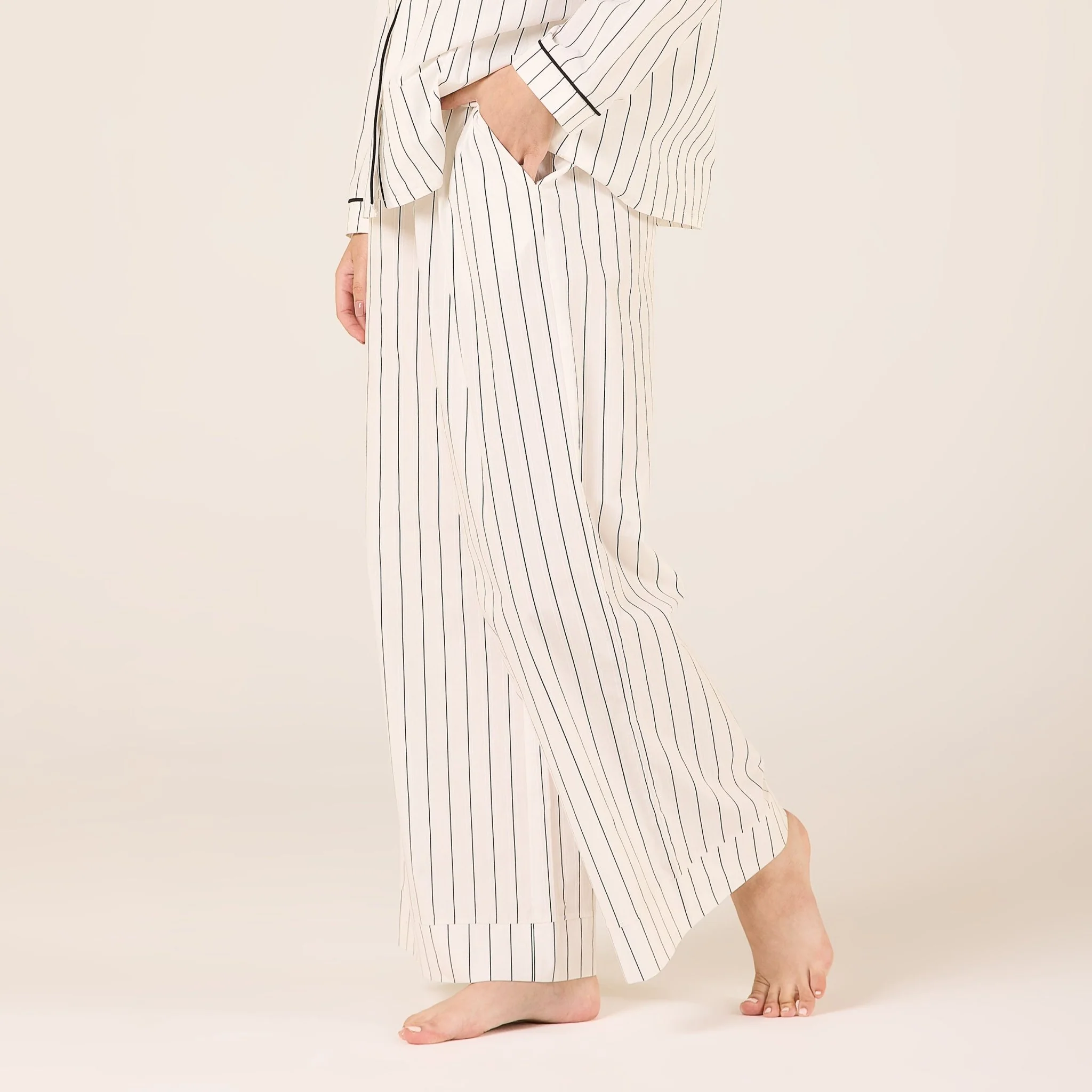 White Cotton Stripe Elastic Waist Pants - Image 3