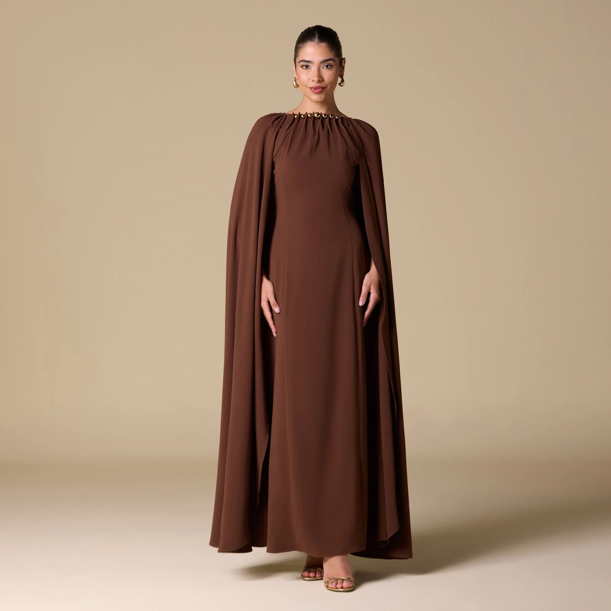 Brown Crepe Cape Maxi Dress with Stone Bead Neckline