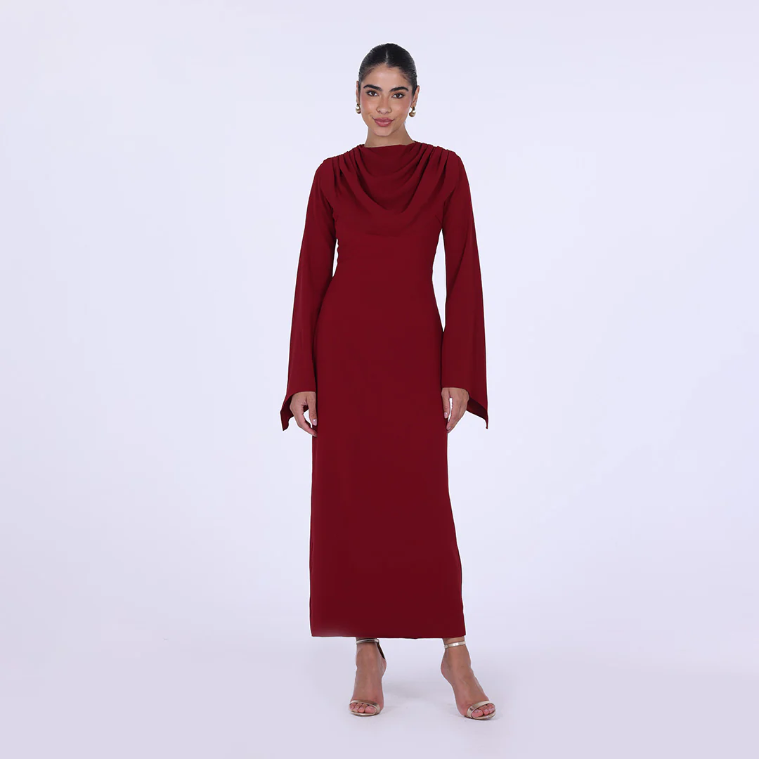 Burgundy Crepe draped chest long sleeve dress