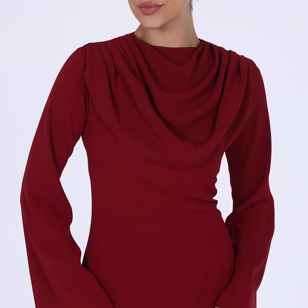 Burgundy Crepe draped chest long sleeve dress - Image 3