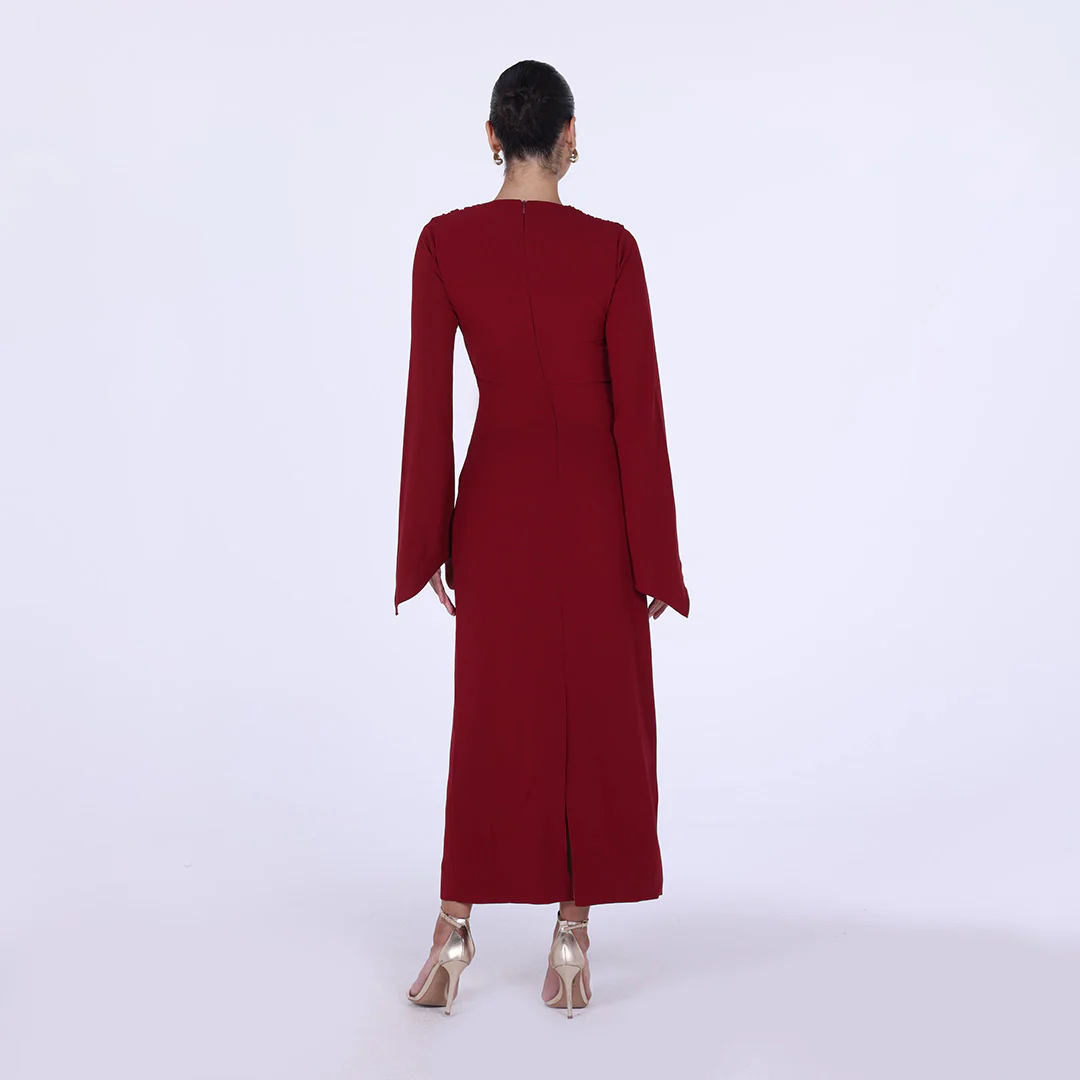 Burgundy Crepe draped chest long sleeve dress - Image 4