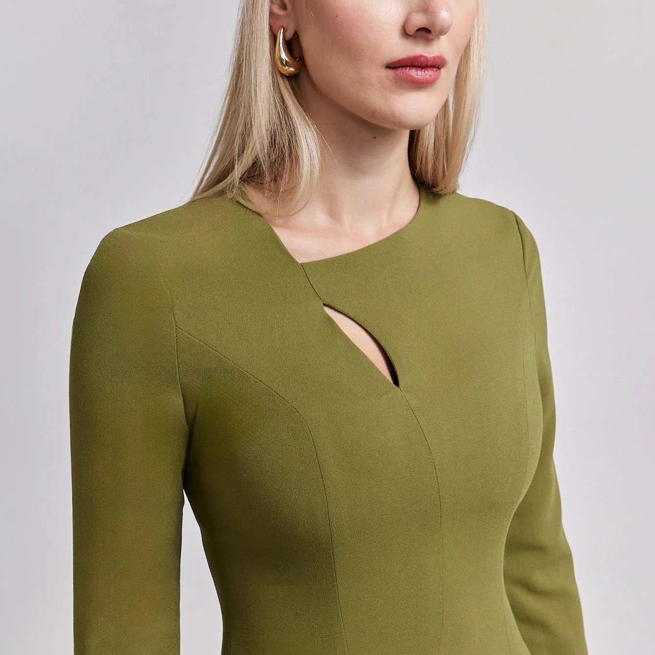 Crepe Olive Green Long Sleeve Dress - Image 2