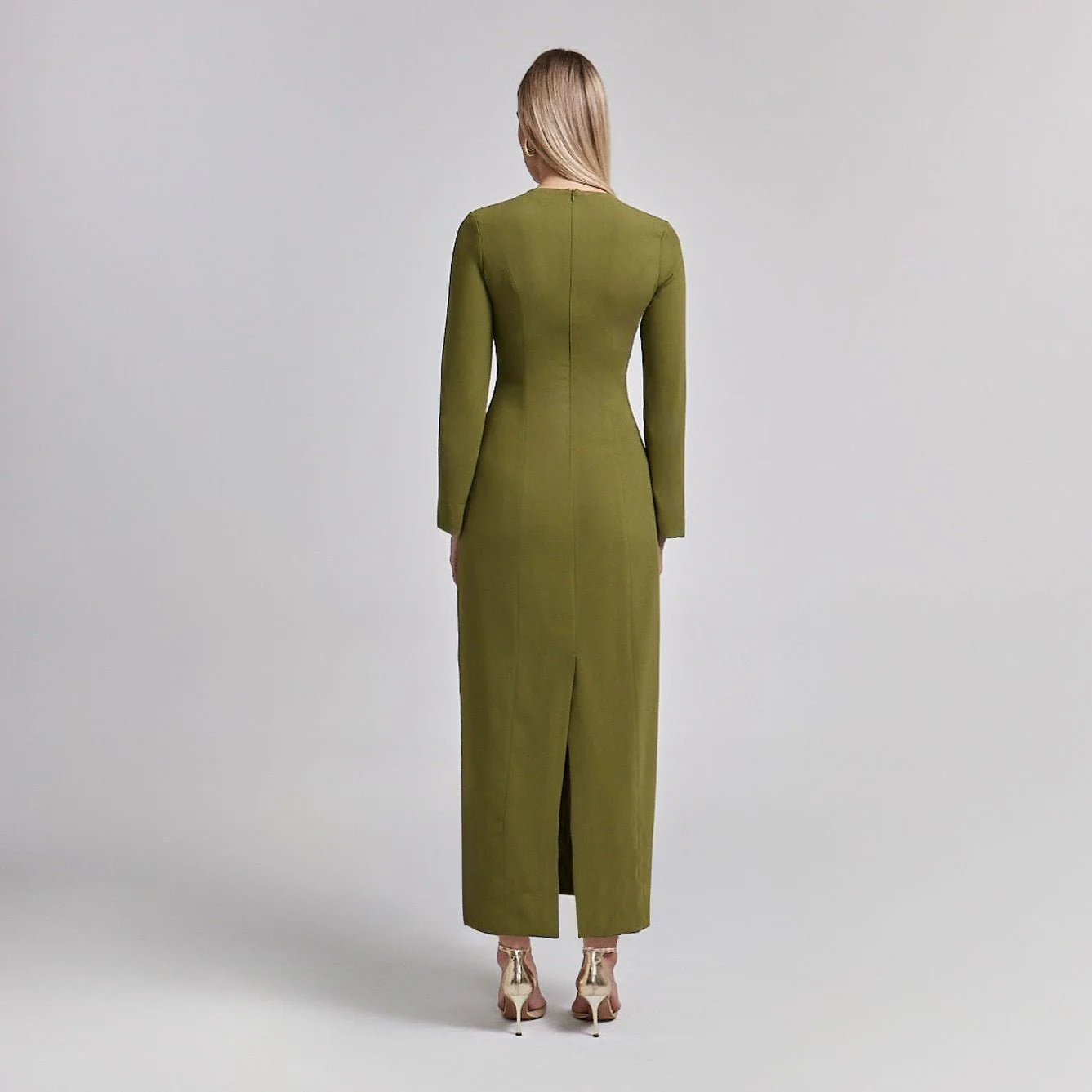 Crepe Olive Green Long Sleeve Dress - Image 3