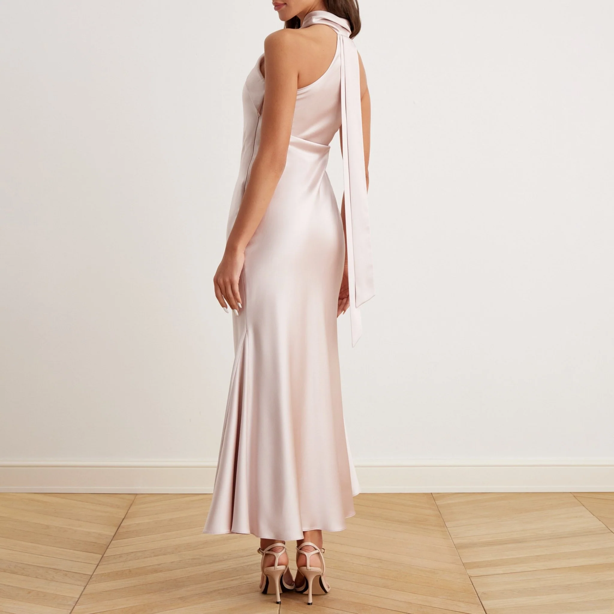 Nude Criss Cross Halter Satin Maxi Dress Light Taupe - Image 4