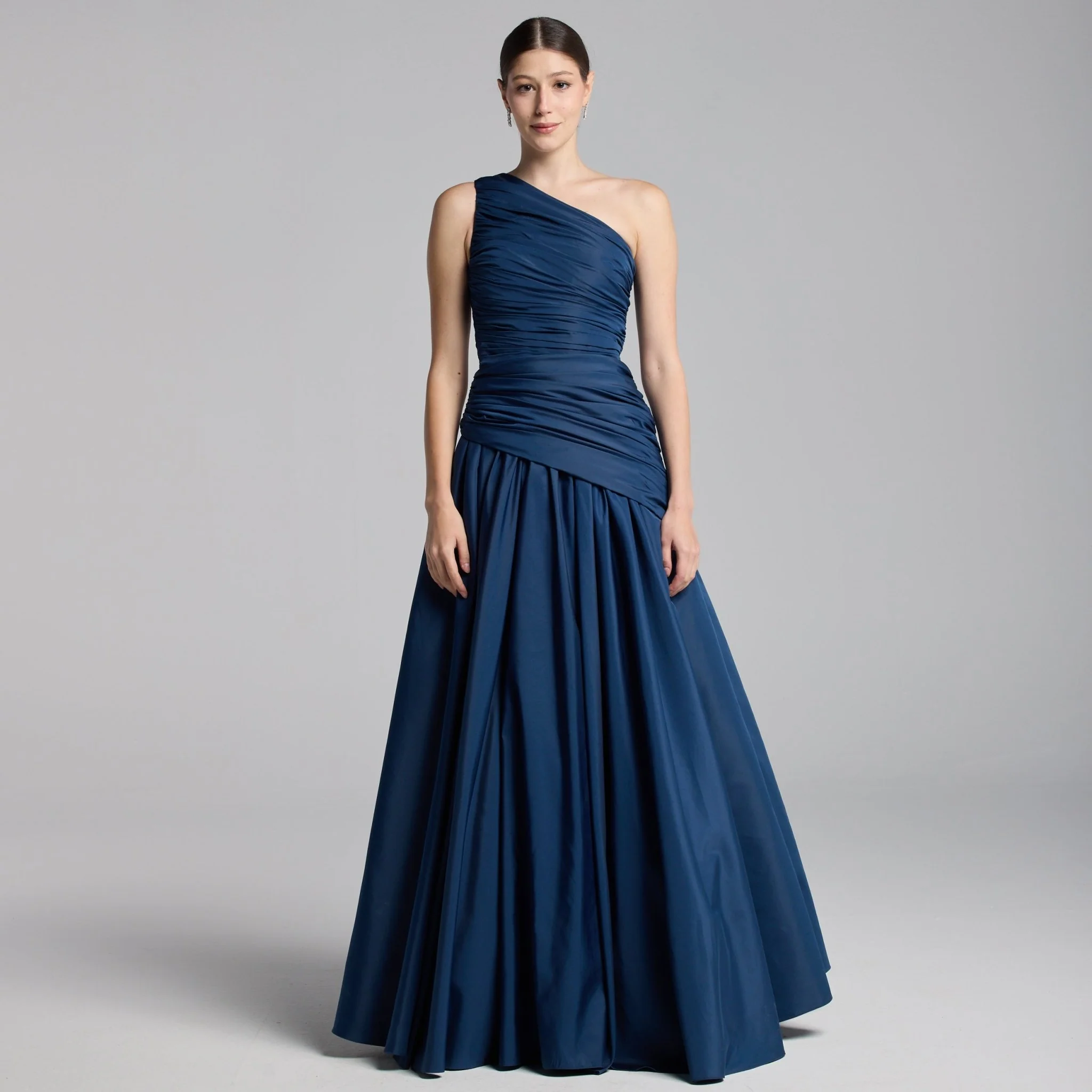 Dark Blue One Shoulder Ruched Gown