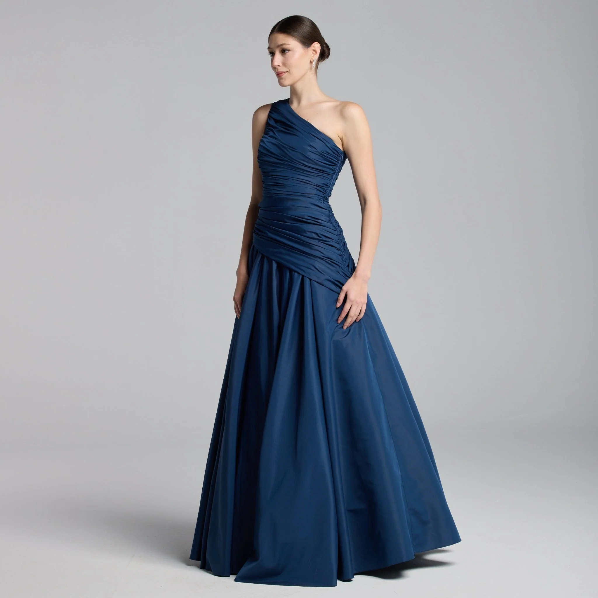 Dark Blue One Shoulder Ruched Gown - Image 2