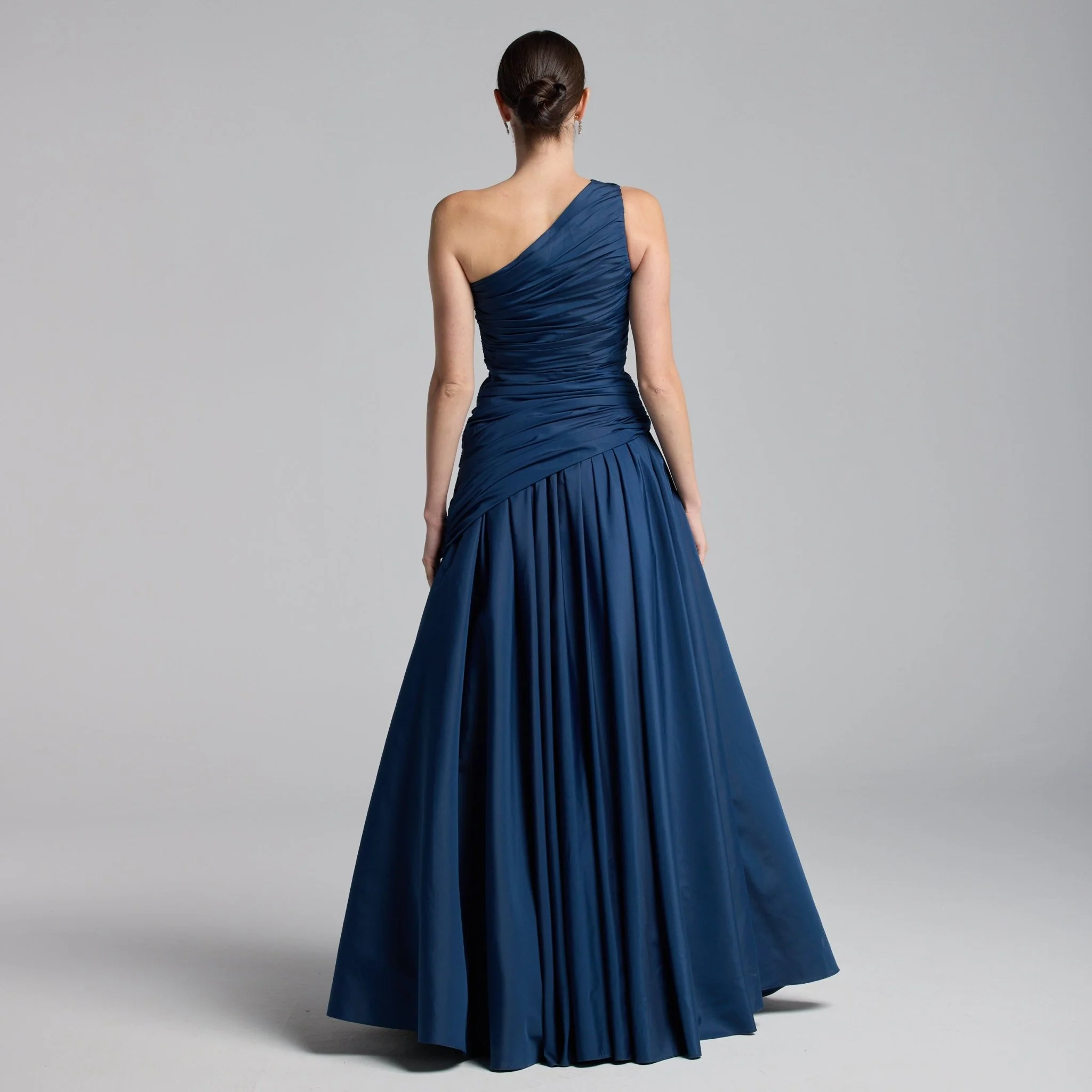 Dark Blue One Shoulder Ruched Gown - Image 4