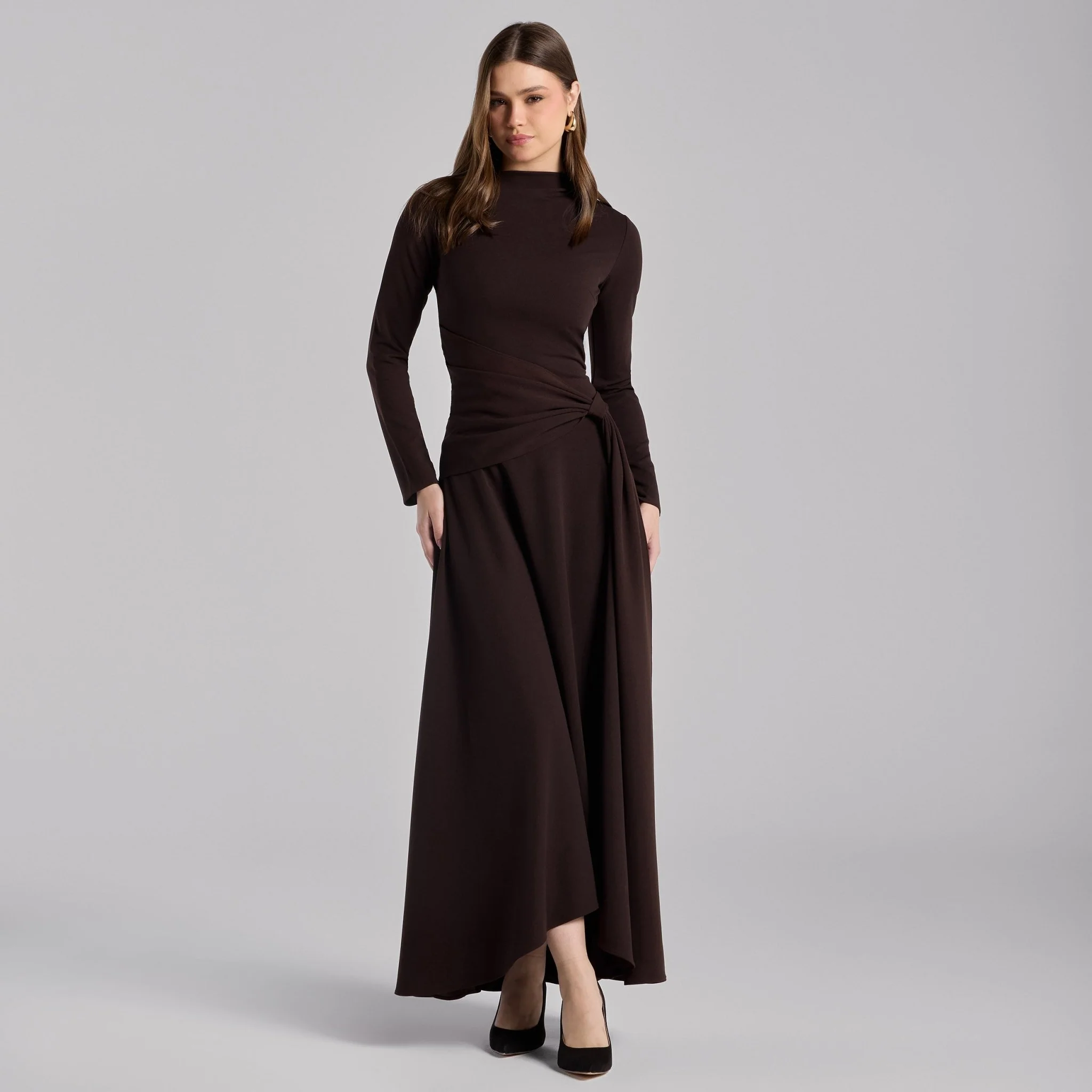 Dark Brown Crepe Asymmetric Dress