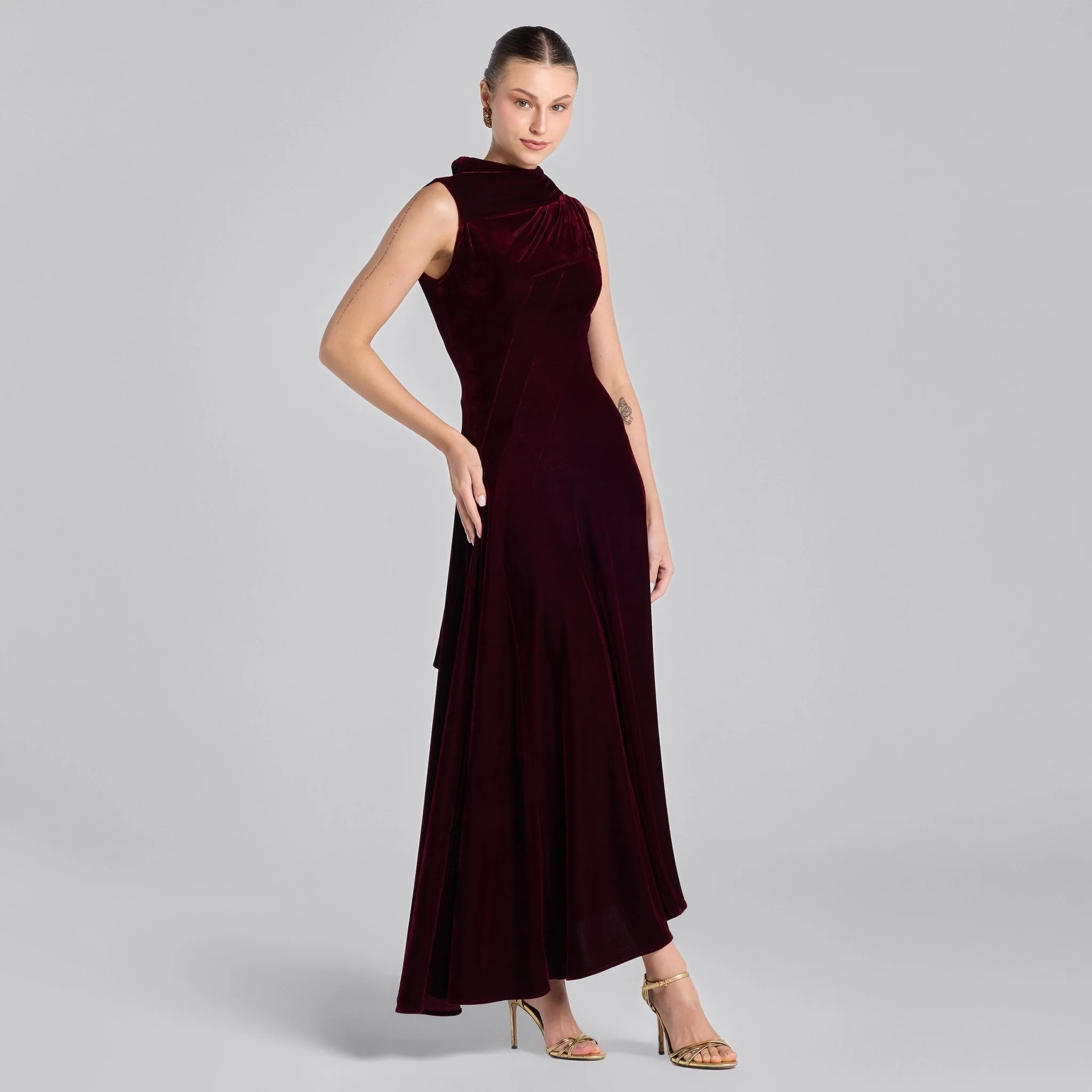 Burgundy Draped Velvet Midi Dress with Back Scarf - Image 2
