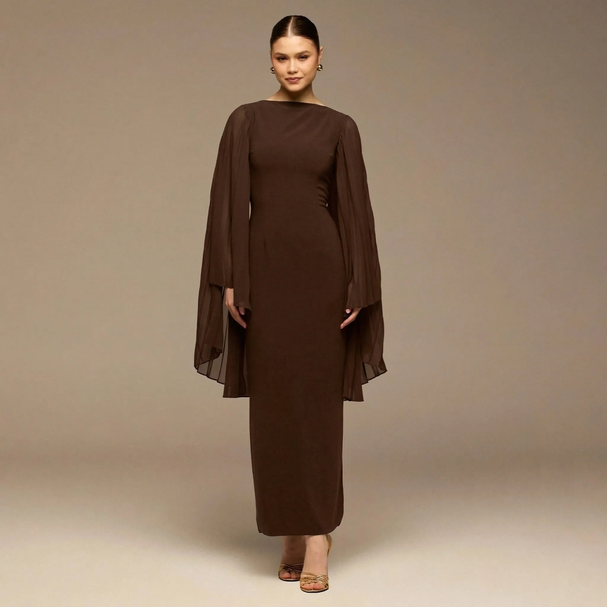 Dark Brown Boat Neck Cape Sleeve Crepe Maxi Dress