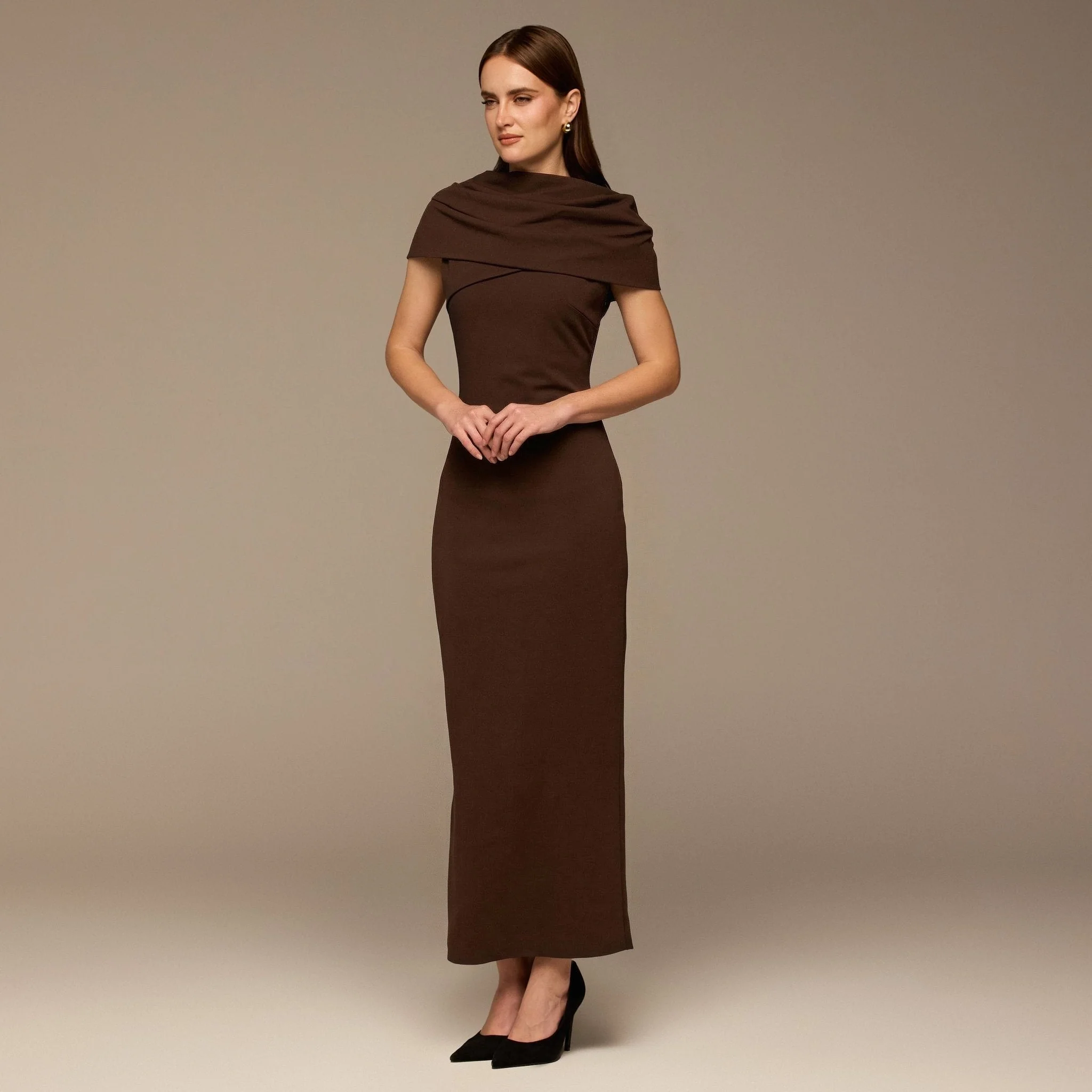 Dark Brown Draped Neck Crepe Dress