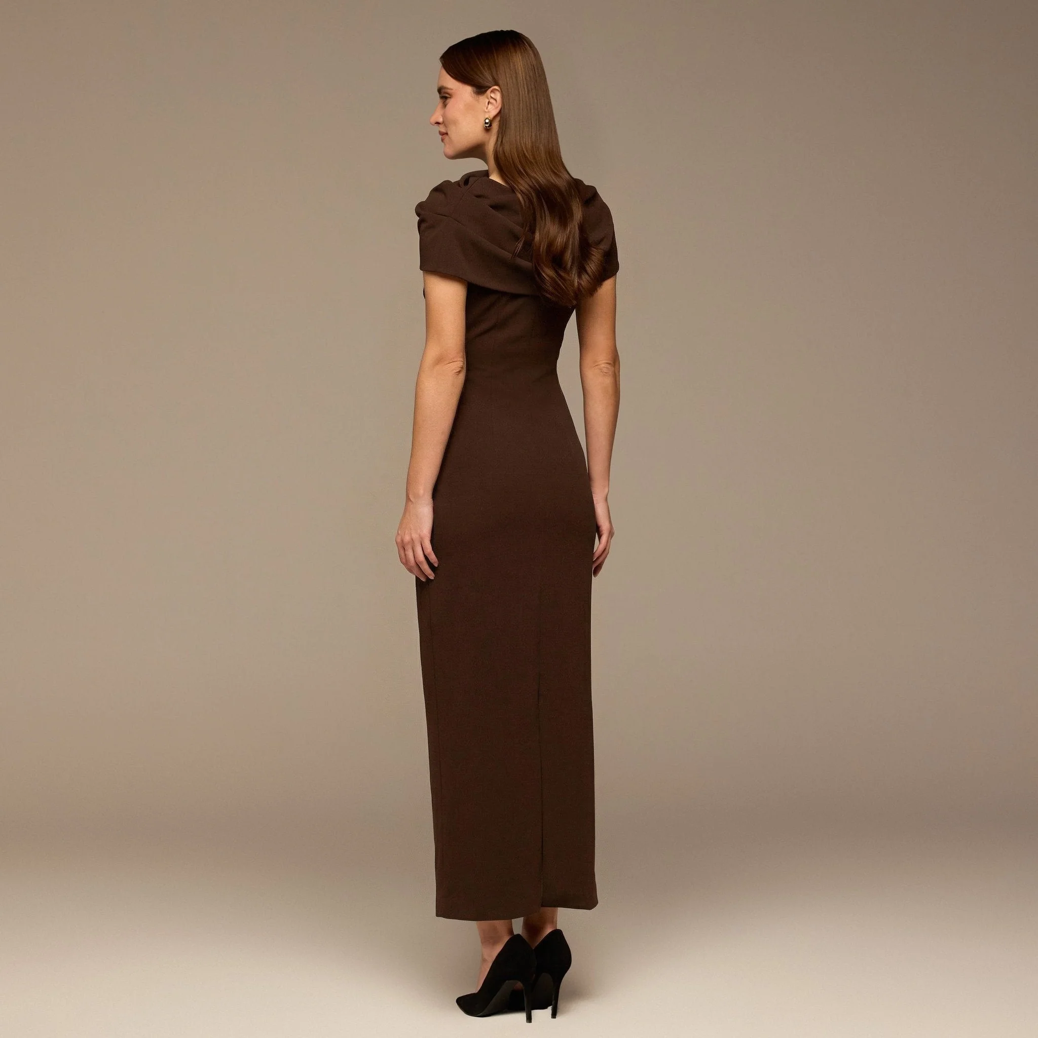 Dark Brown Draped Neck Crepe Dress - Image 4