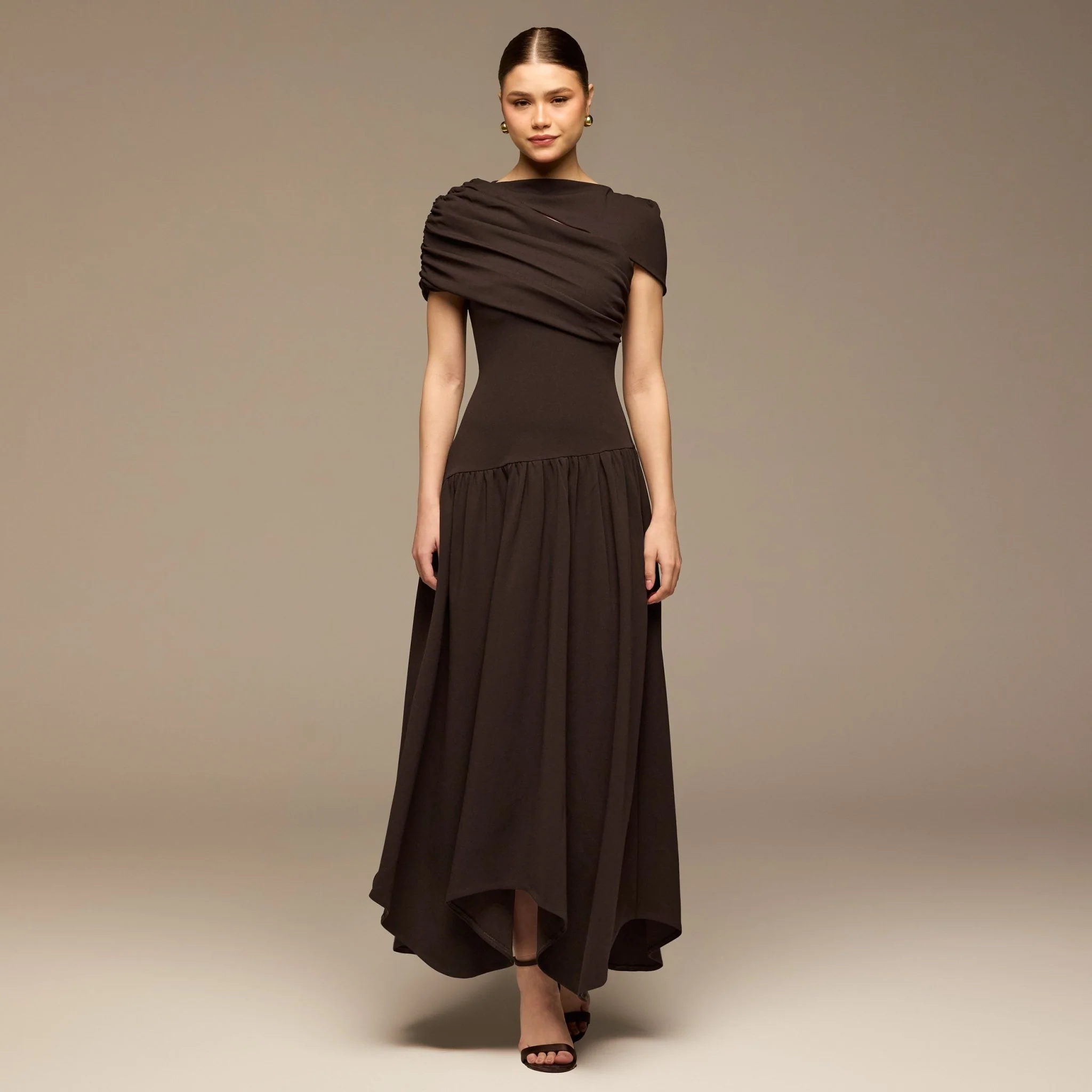 Dark Brown Dropped Waist Crepe Dress