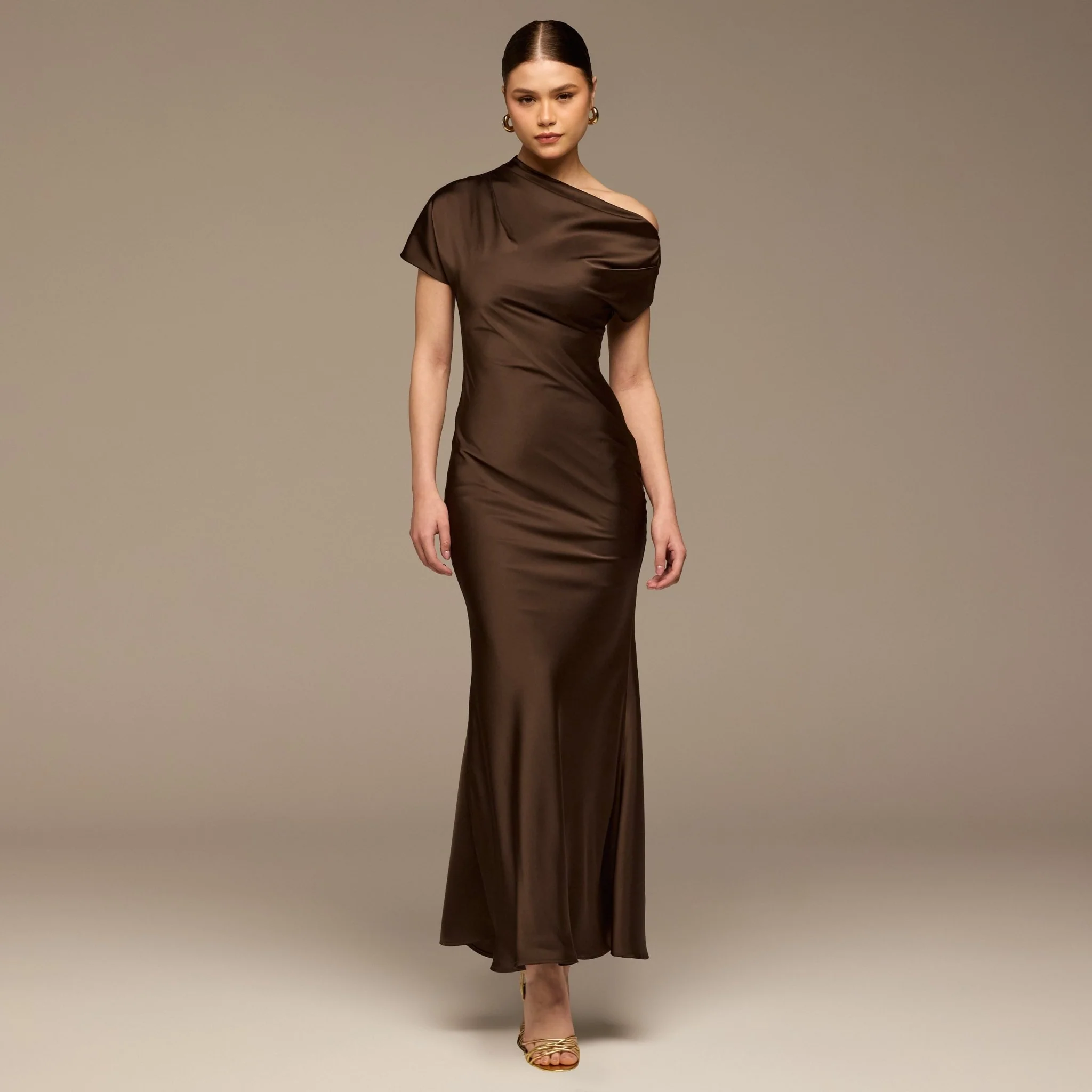 Dark Brown Draped Neckline Satin Maxi Dress