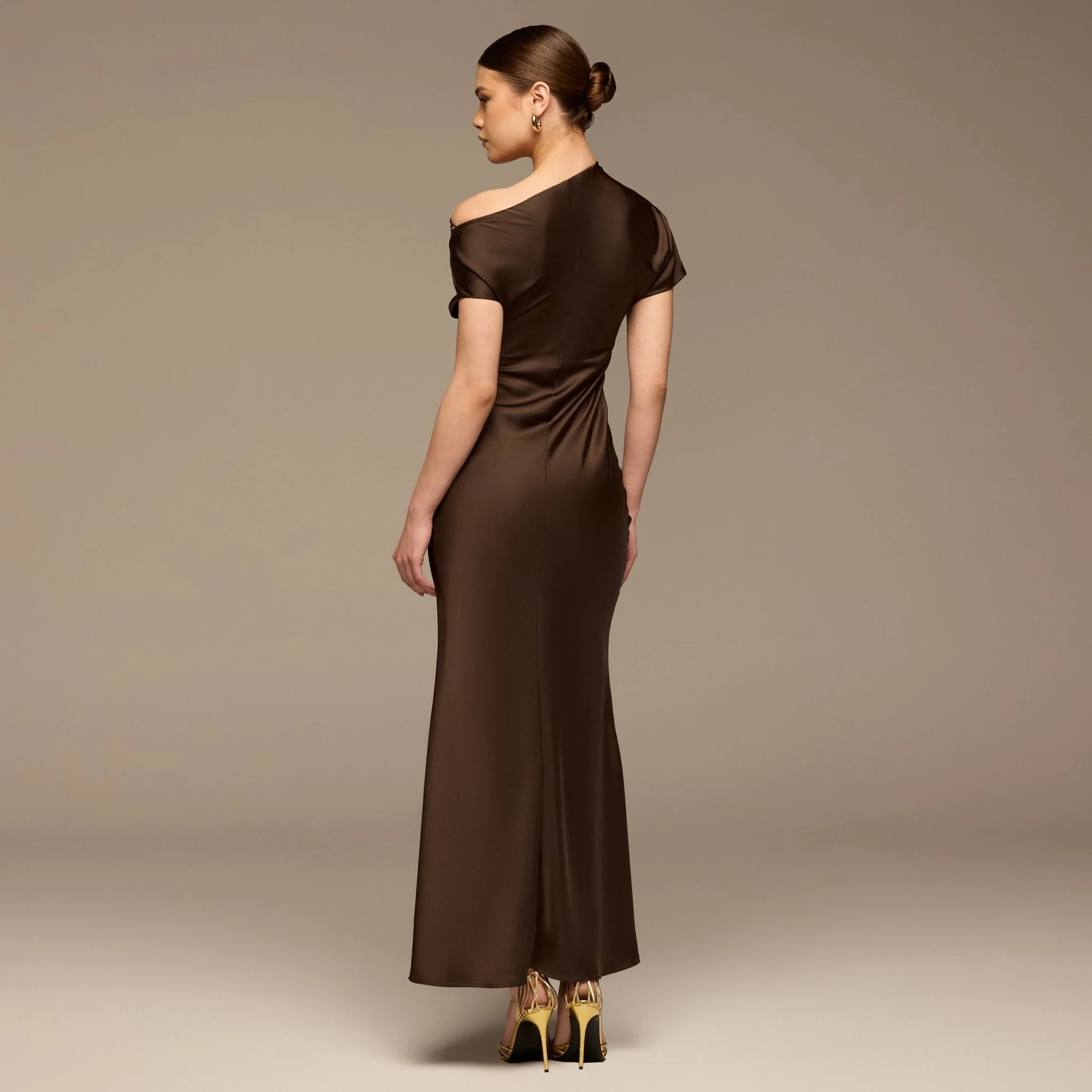 Dark Brown Draped Neckline Satin Maxi Dress - Image 4