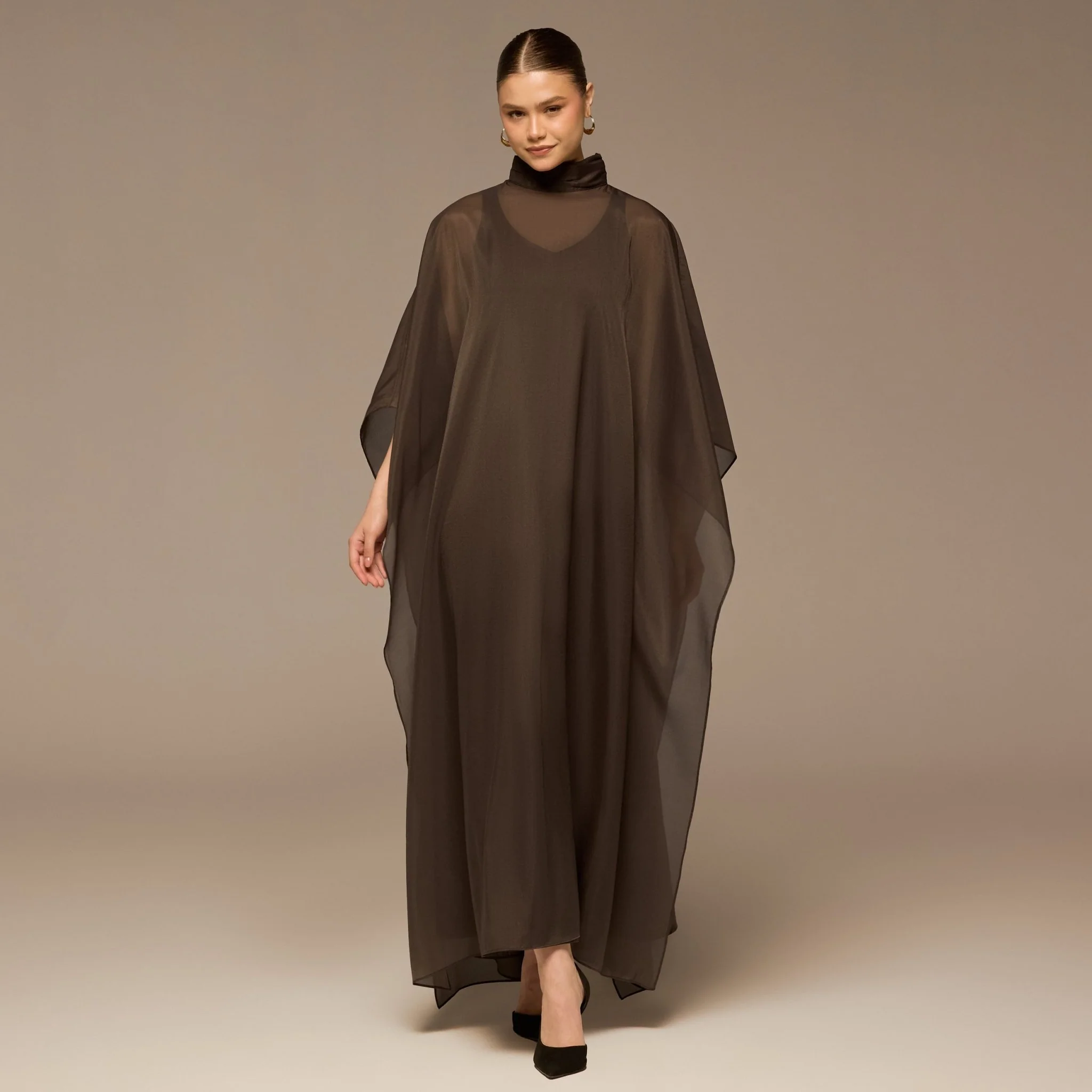 Dark Brown Satin Organza High-Neck Cape