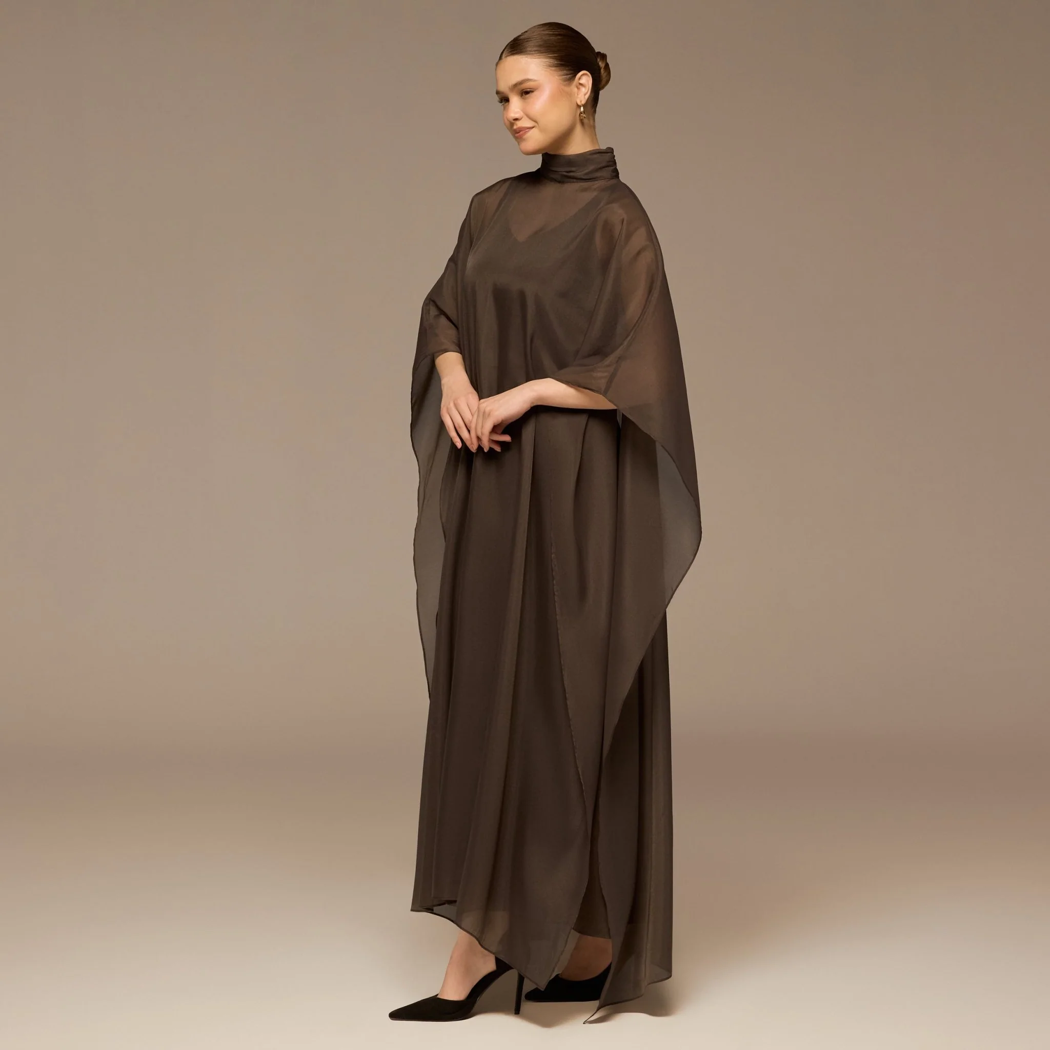 Dark Brown Satin Organza High-Neck Cape - Image 2