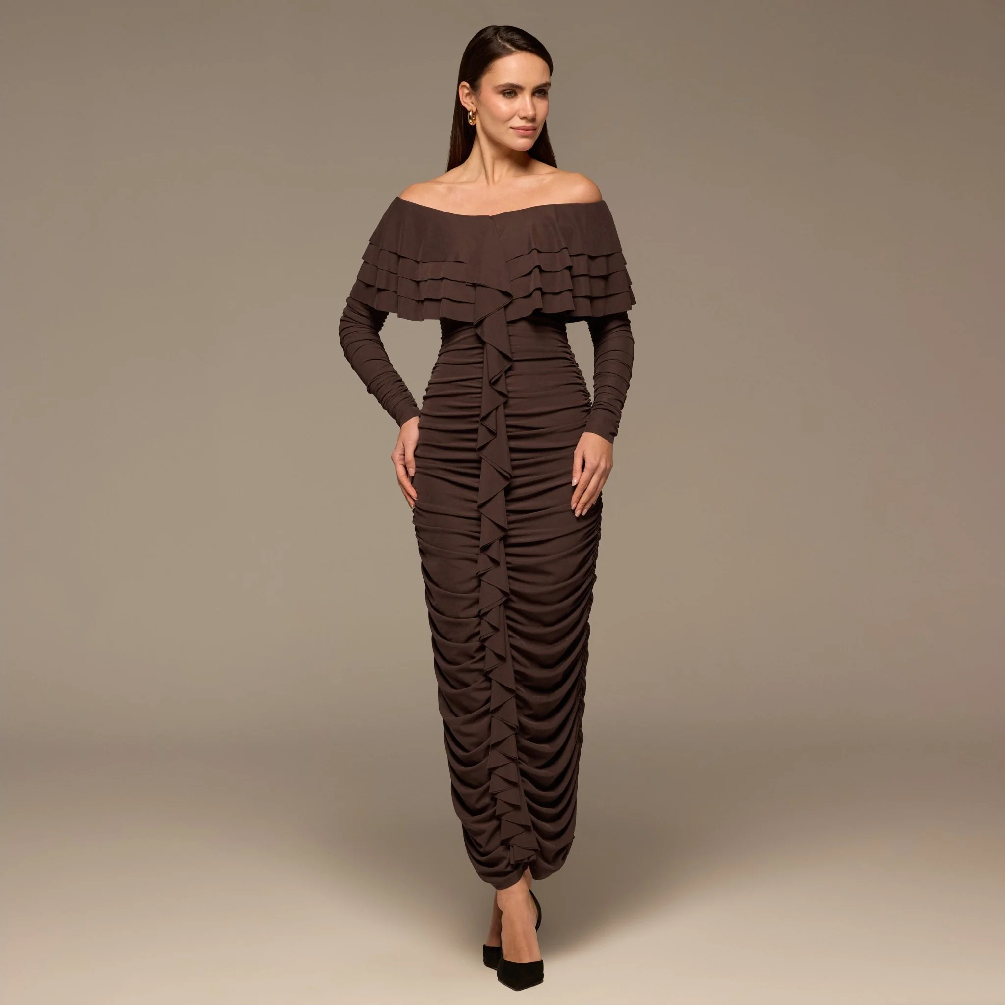 Dark Brown Cascade Ruffle Ruched Jersey Maxi Dress