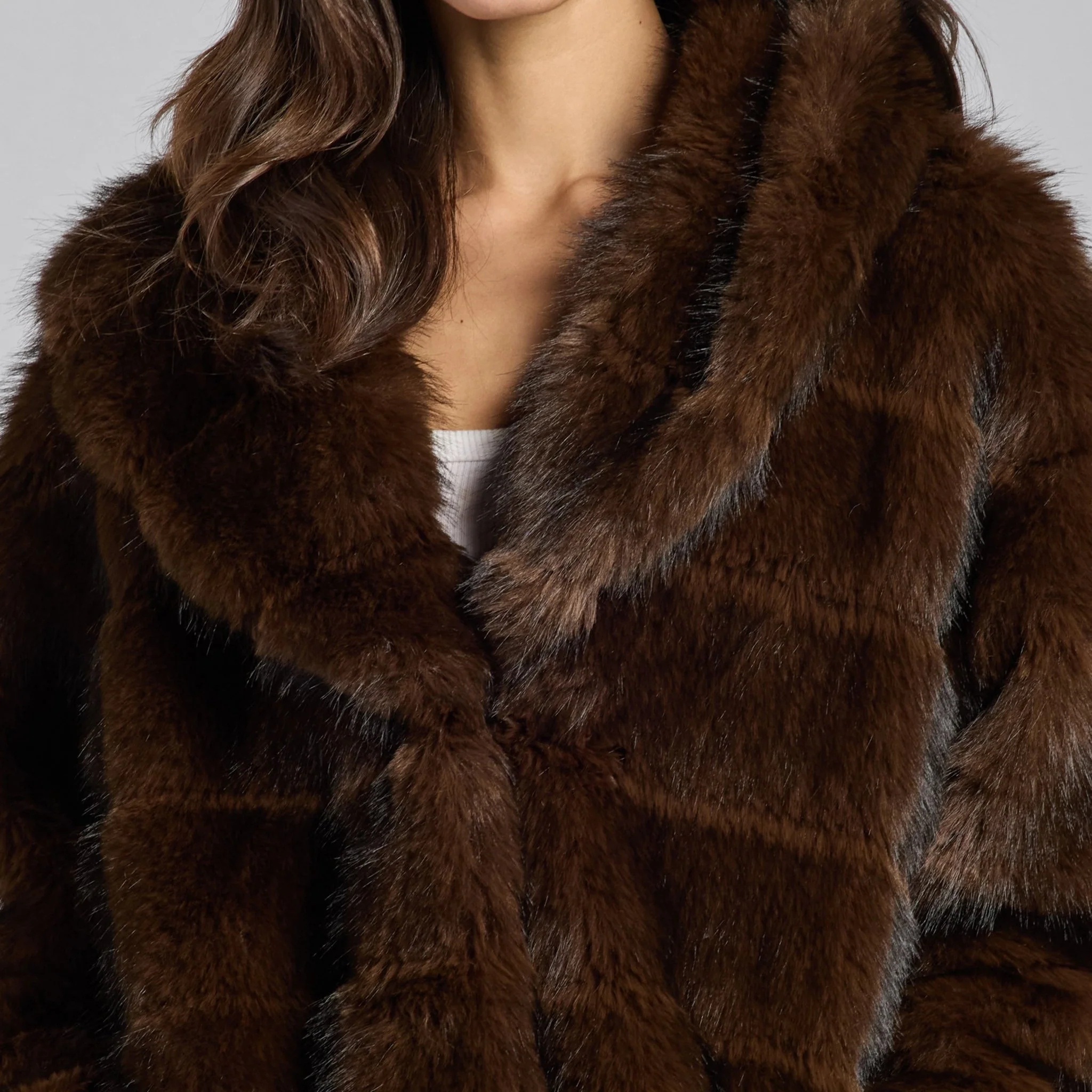 Dark Brown Faux Sable Fur Wide Collar Coat - Image 3