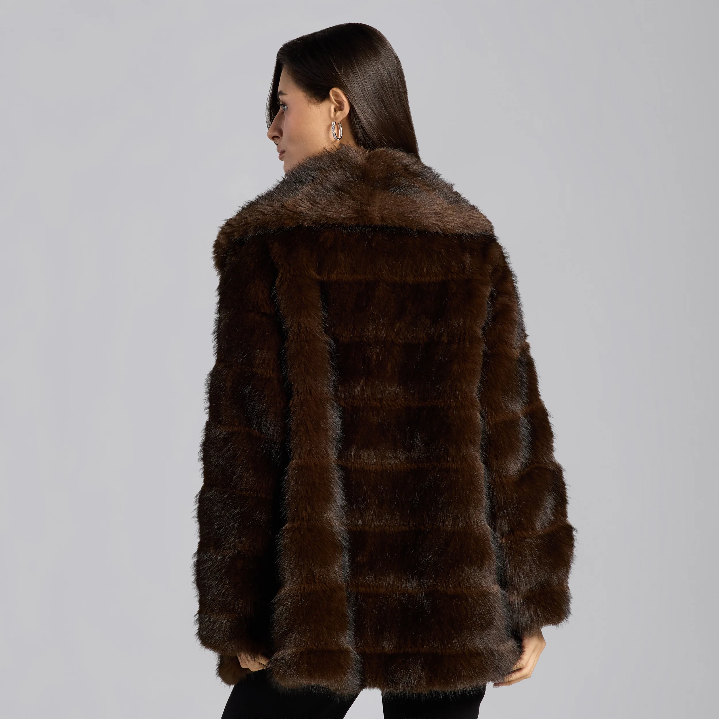 Dark Brown Faux Sable Fur Wide Collar Coat - Image 4