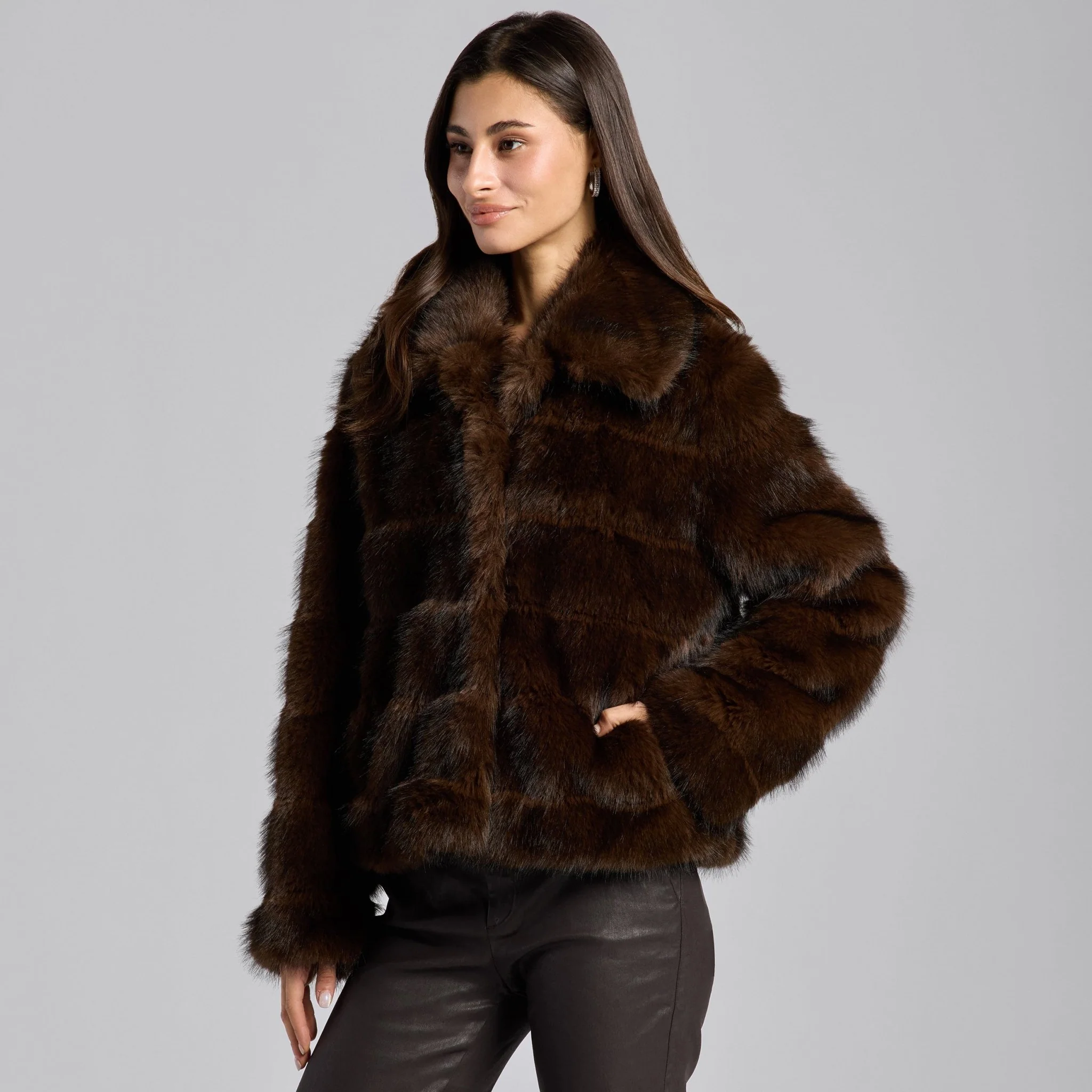 Dark Brown Faux Sable Fur Jacket - Image 2