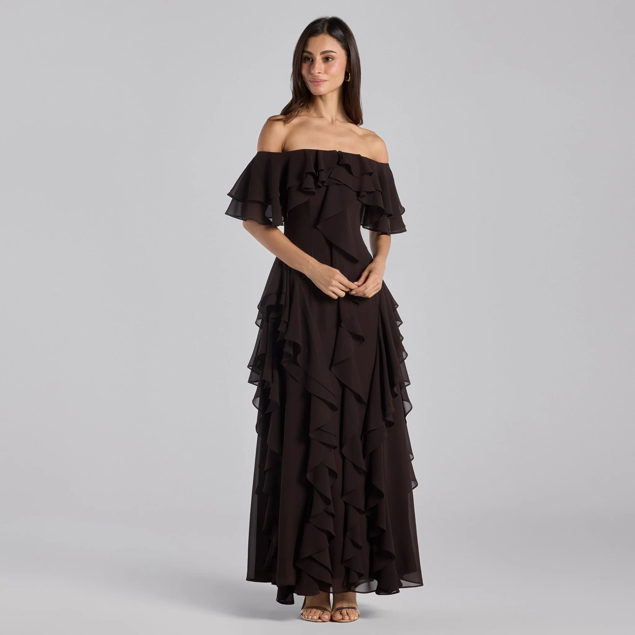 Dark Brown Off Shoulder Chiffon Maxi Dress With Ruffles