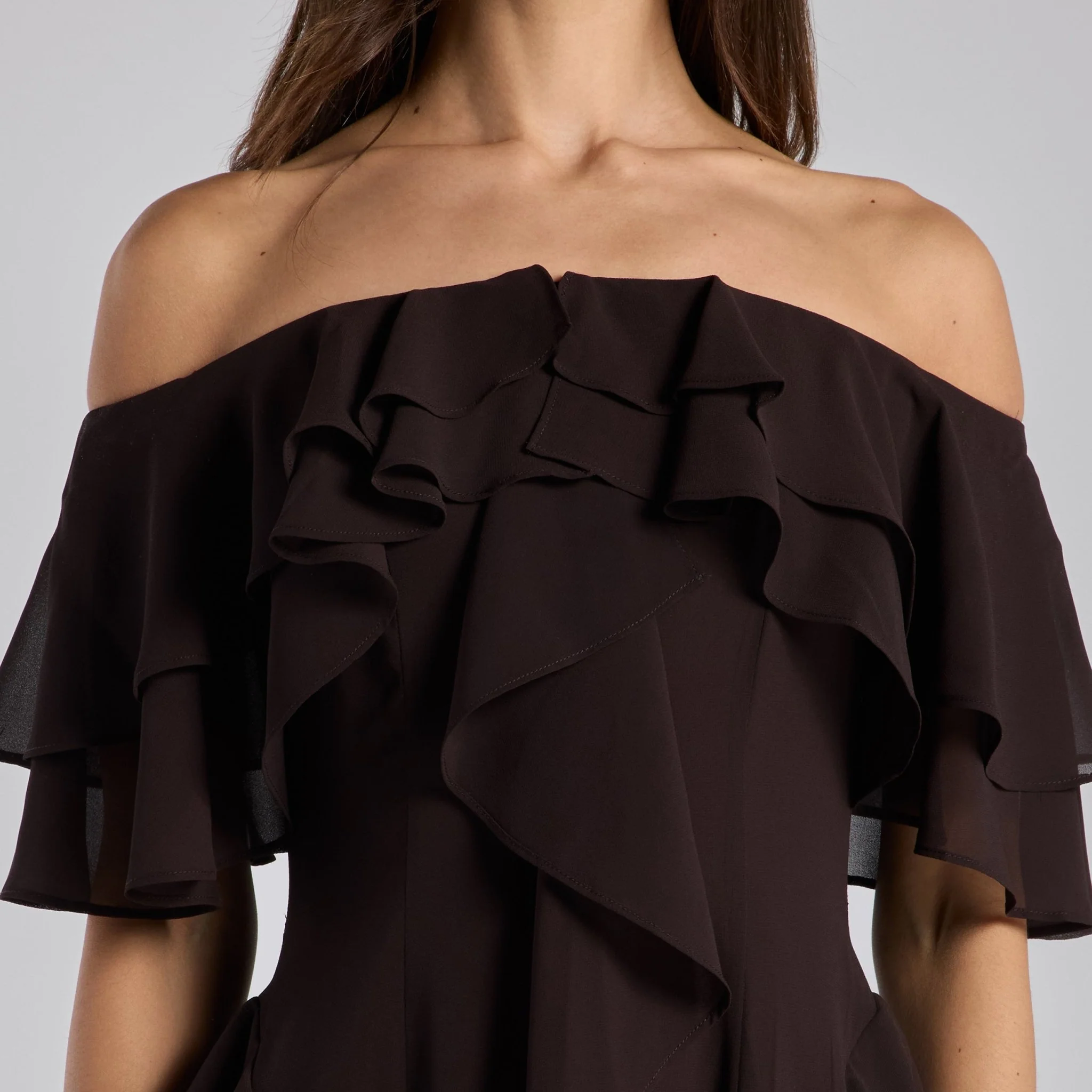Dark Brown Off Shoulder Chiffon Maxi Dress With Ruffles - Image 3