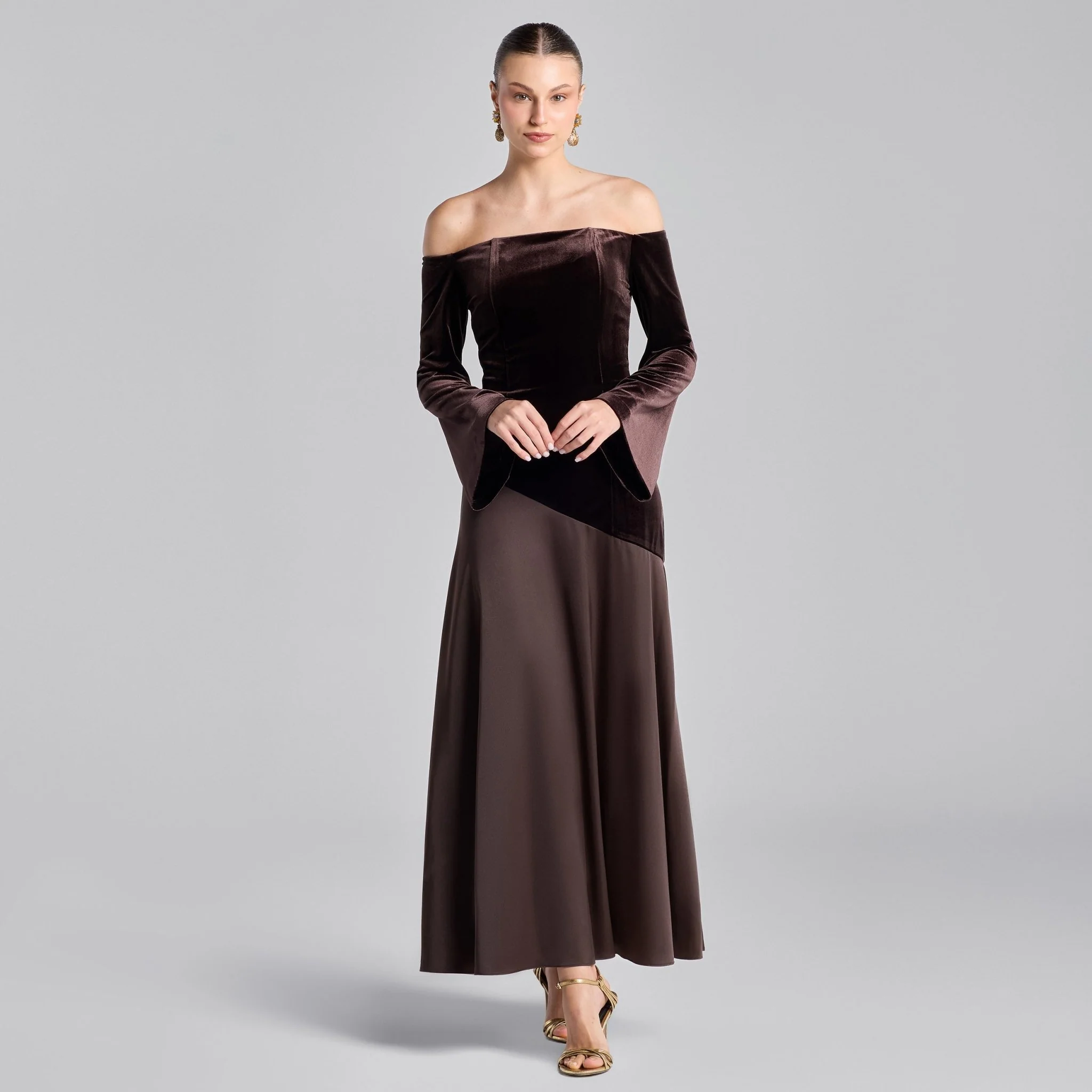 Dark Brown Off-Shoulder Velvet & Satin Balloon Sleeve Dress
