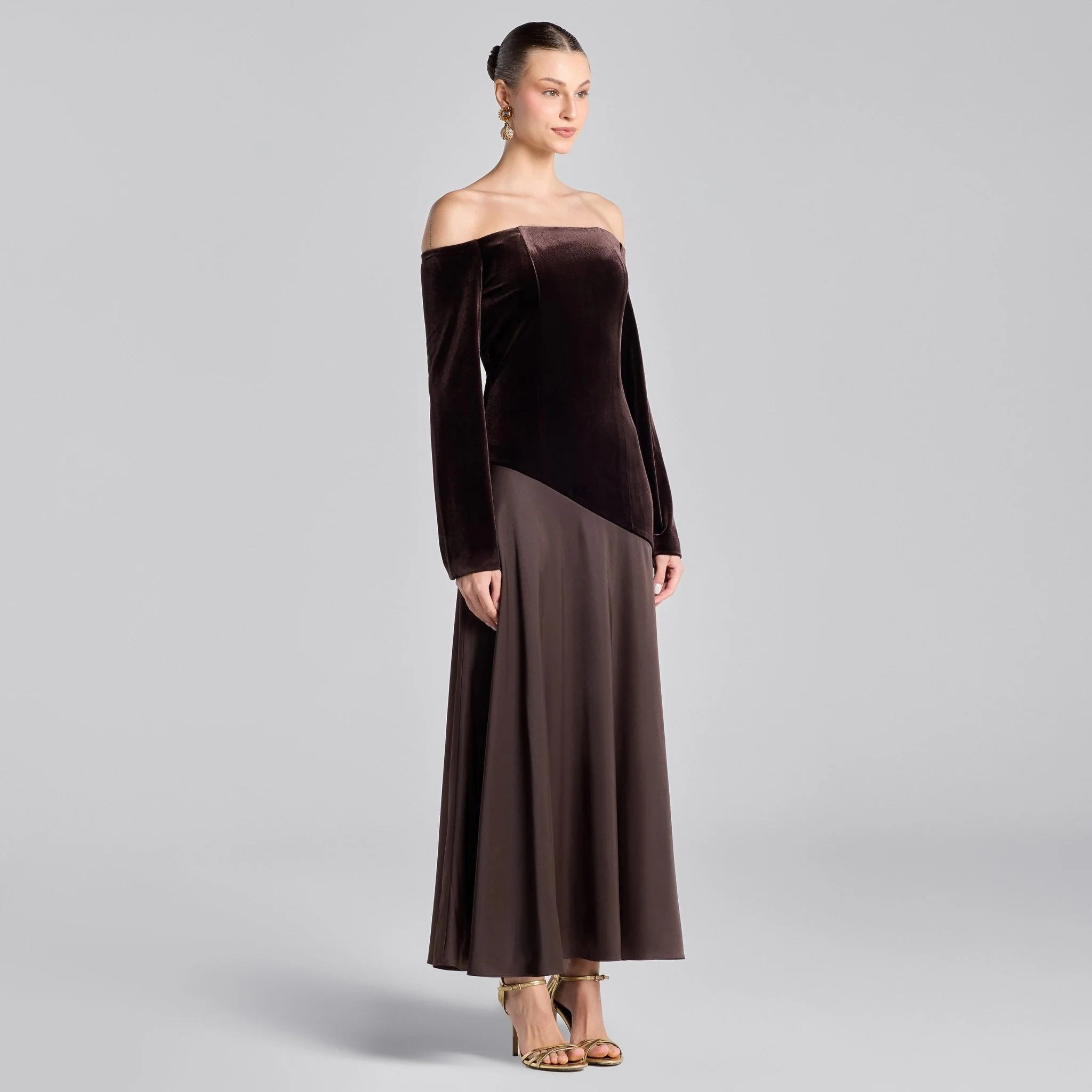 Dark Brown Off-Shoulder Velvet & Satin Balloon Sleeve Dress - Image 2