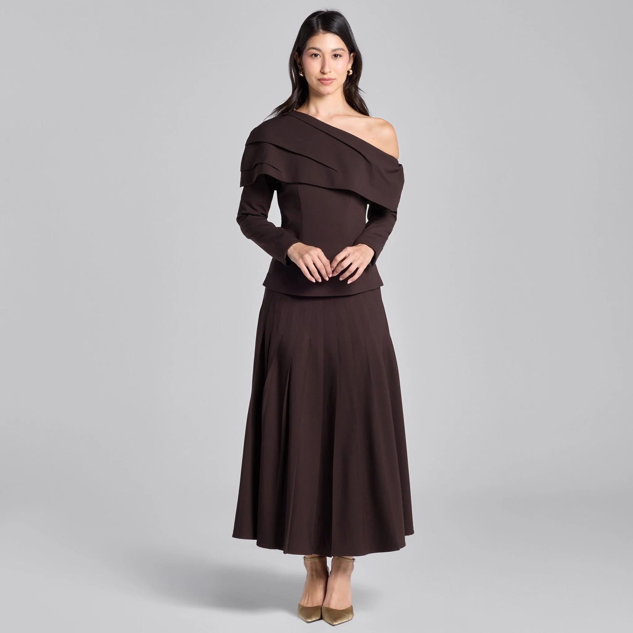 Dark Brown Pleated Crepe Maxi Skirt - Image 2