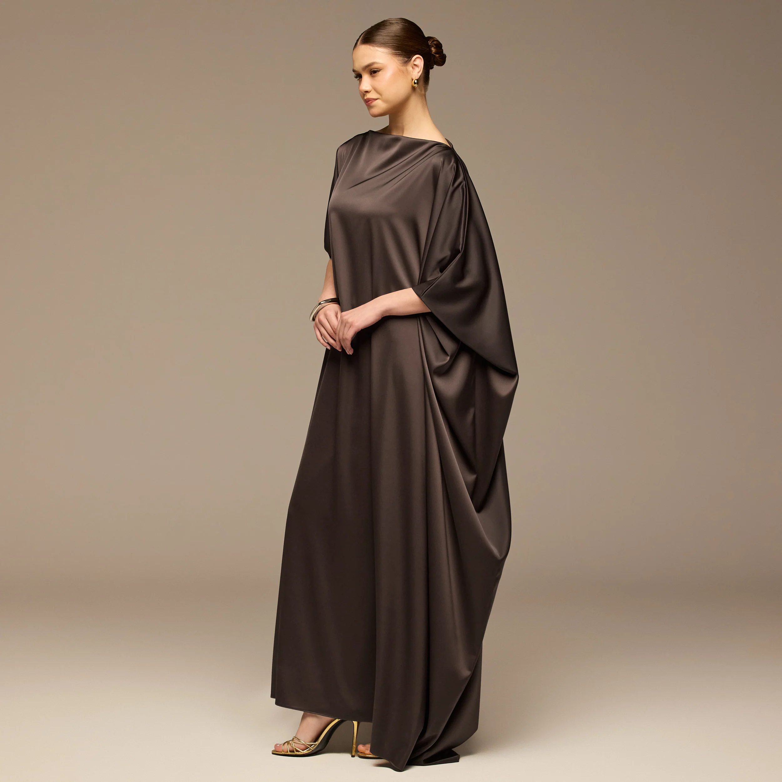 Dark Brown Satin Cape Drape Kaftan